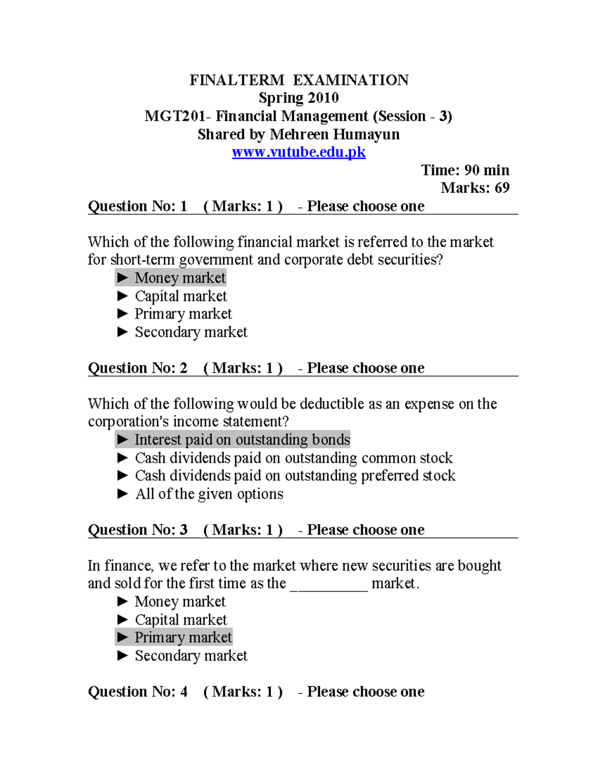 Financial Management - MGT201 Spring 2010 Final Term Paper Session 3 ...