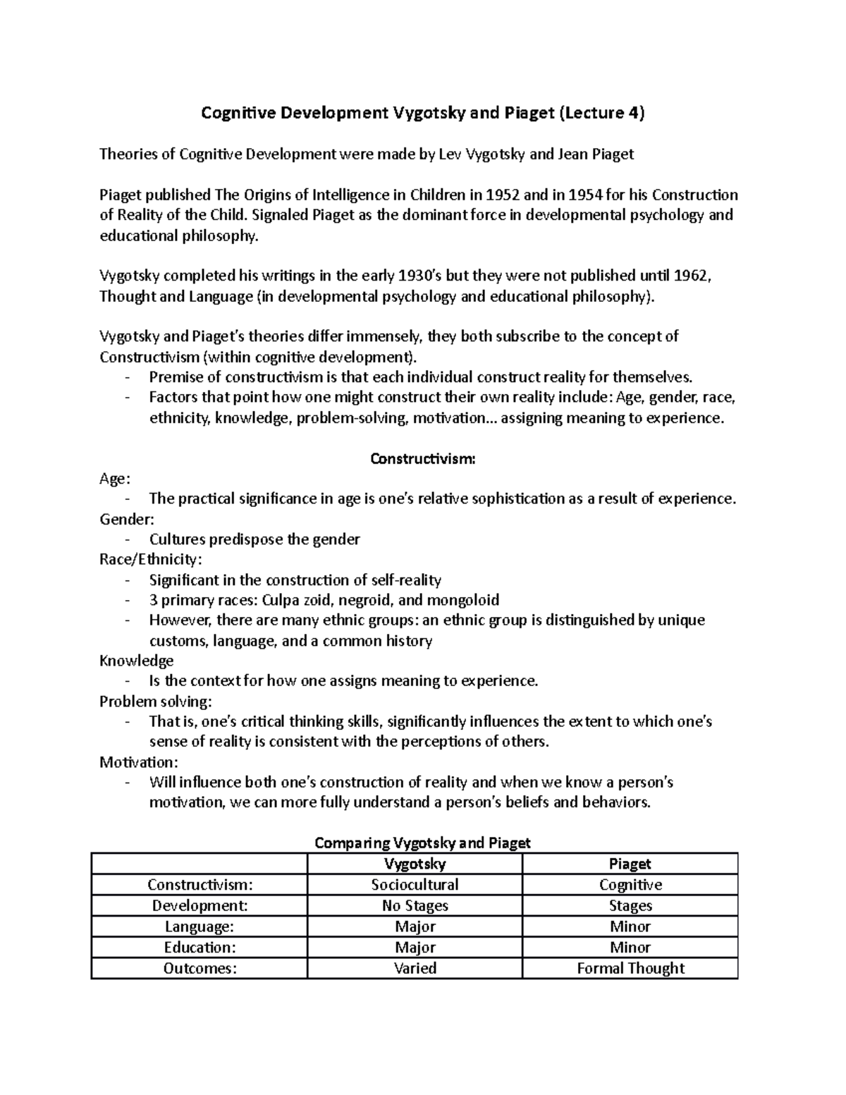 Psychology Week 2 Notes - Cognitive Development Vygotsky and Piaget ...