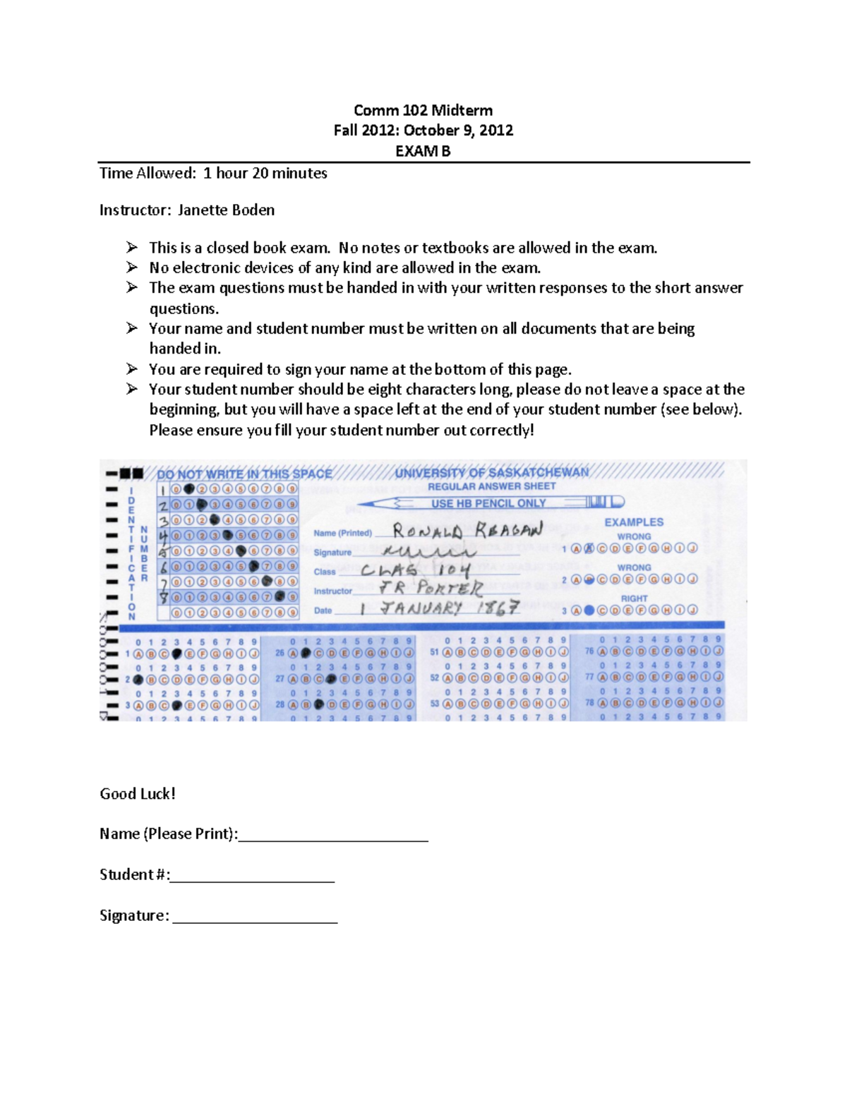 Exam 9 October 2012, Questions - Part B - Comm 102 Midterm Fall 2012 ...