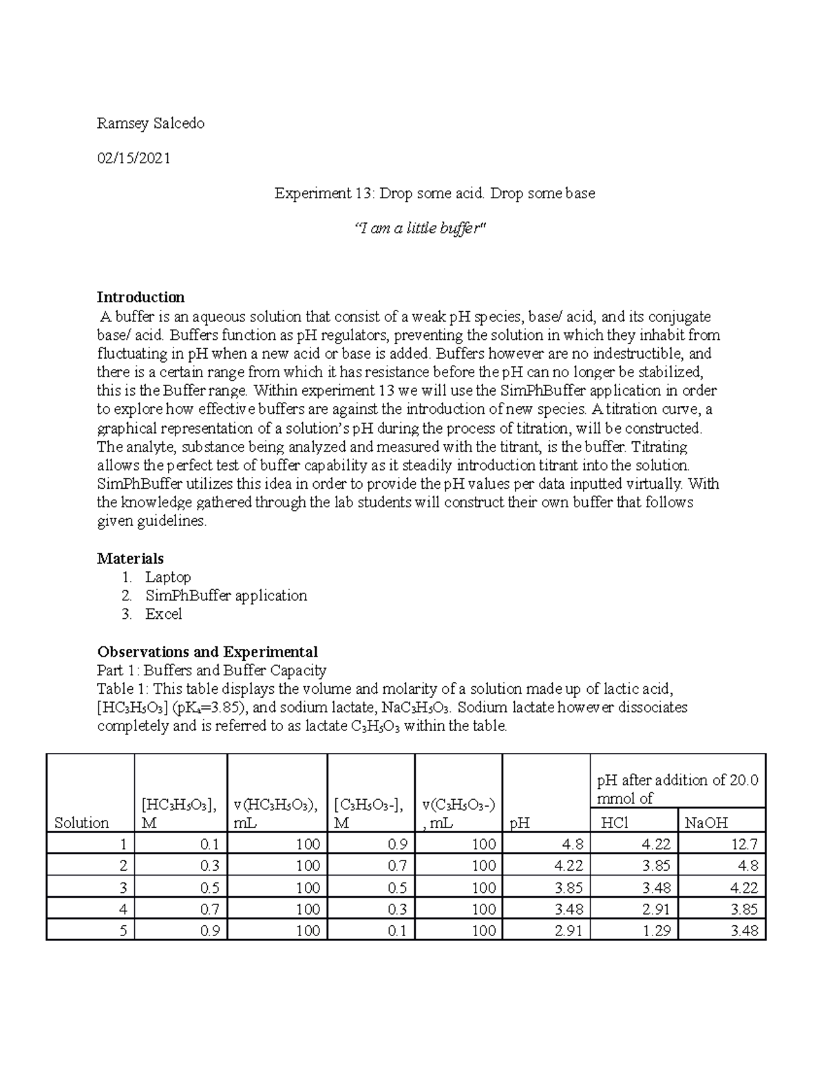 Experiment 13 A buffer is an aqueous solution that consist of a weak
