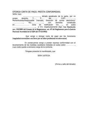 Carta de pago de honorarios regulados u homologados -con conformidad para  el levantamiento de - Studocu