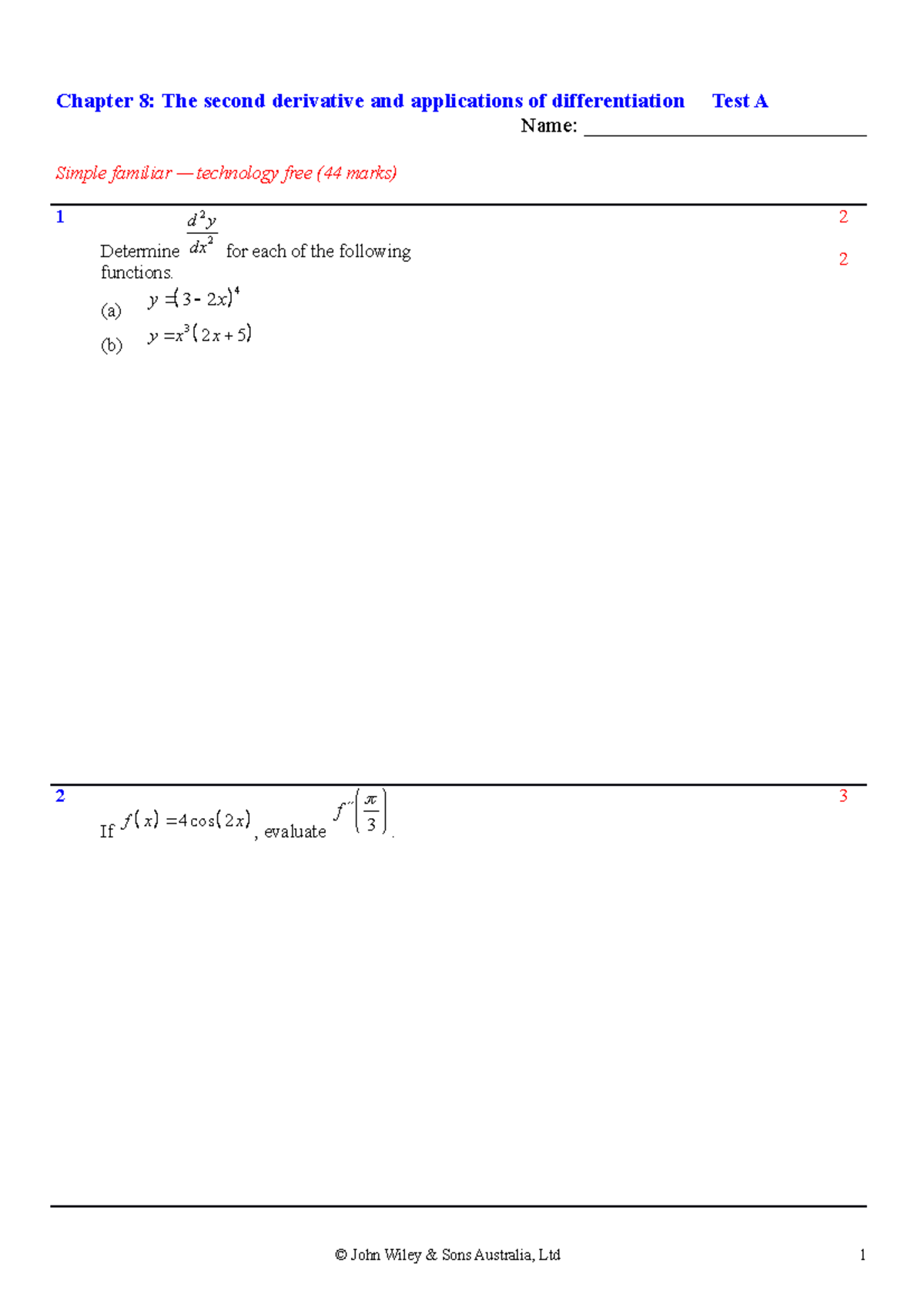 Chapter 8 Test A - Chapter 8: The second derivative and applications of ...