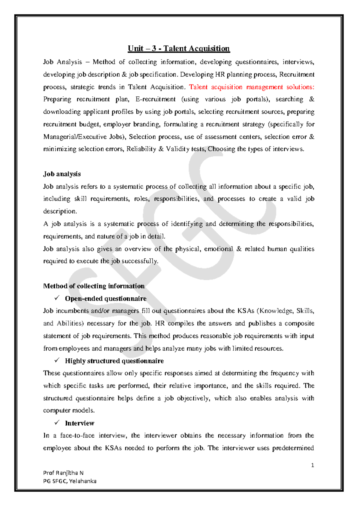 TP&A unit 3 - Lecture notes - 1 Prof Ranjitha N Unit – 3 - Talent ...