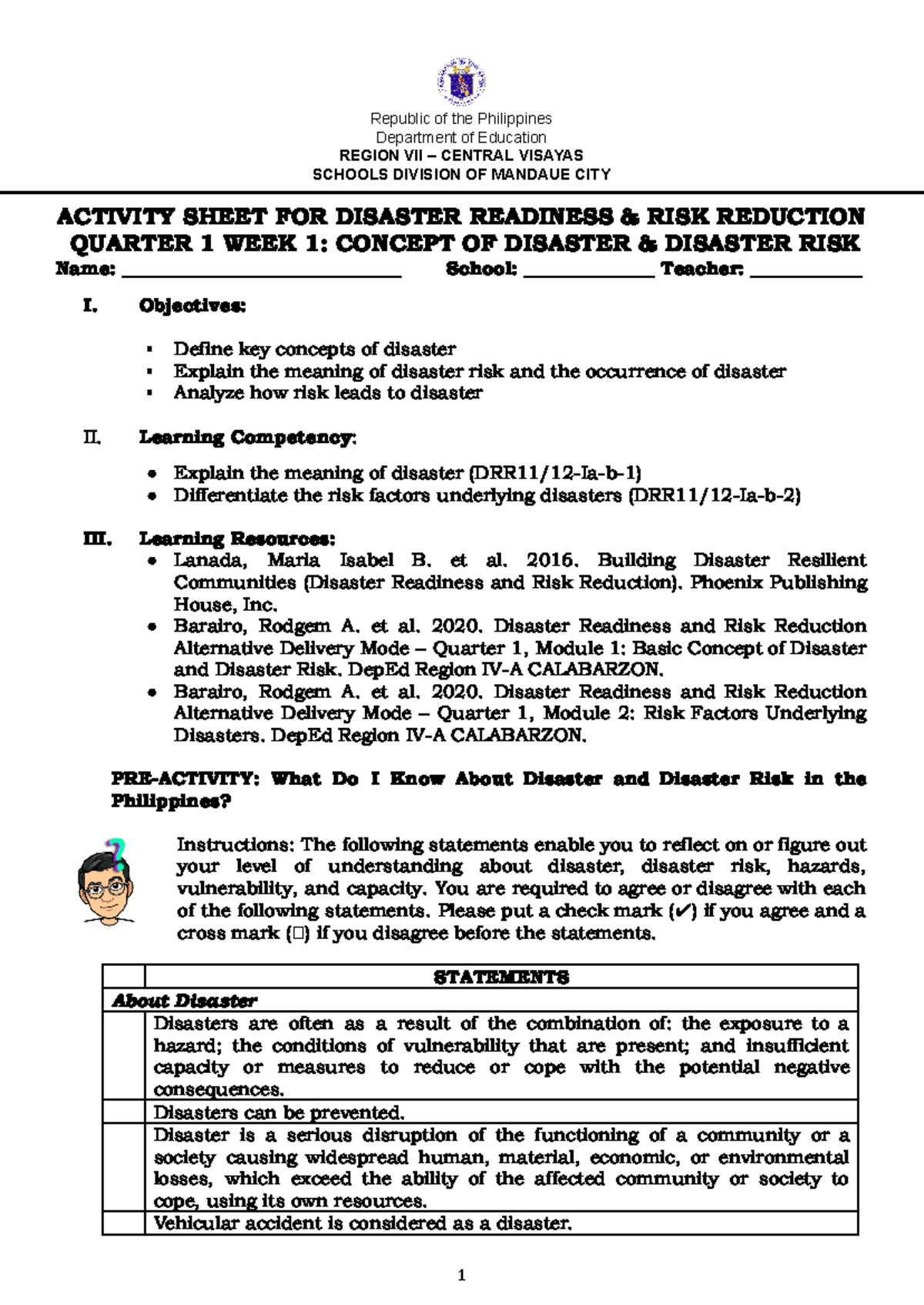 DRRR Q3 AS W1 Concept-of-Disaster-and-Disaster-Risk - Republic of the ...