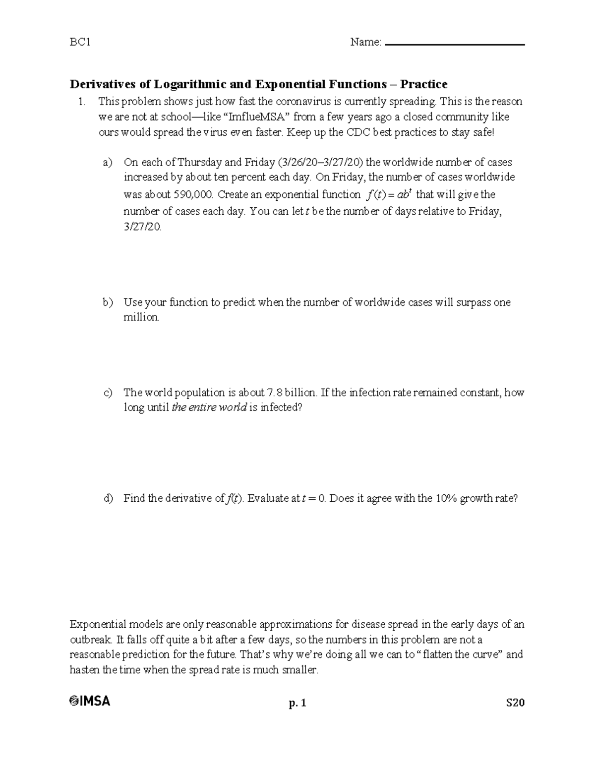 Derivatives of exponents - BC1 Name: p. 1 S Derivatives of Logarithmic ...