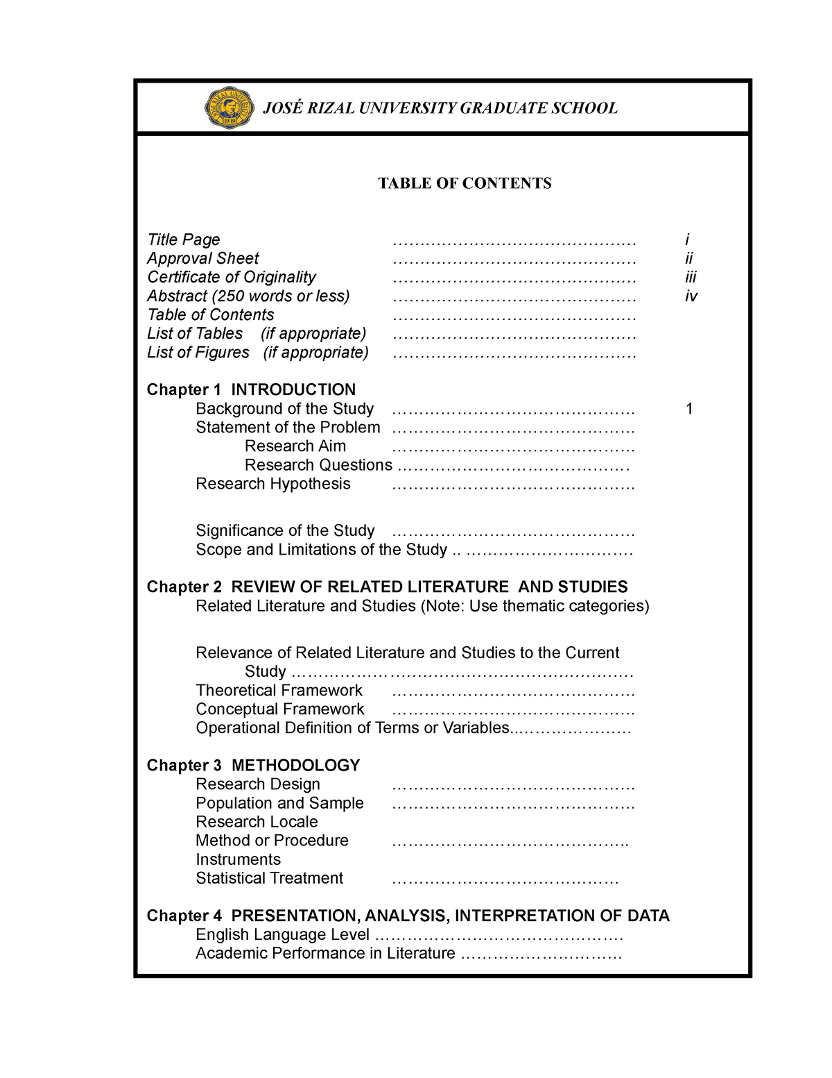 table of content of a bachelor thesis