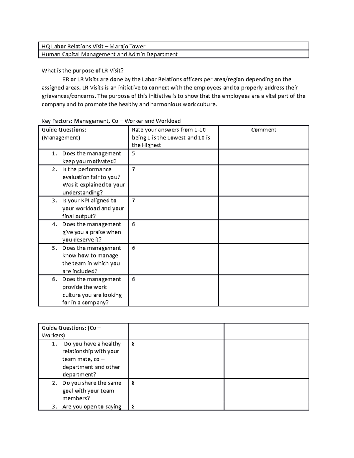 Employee Survey Template - HQ Labor Relations Visit – Marajo Tower ...