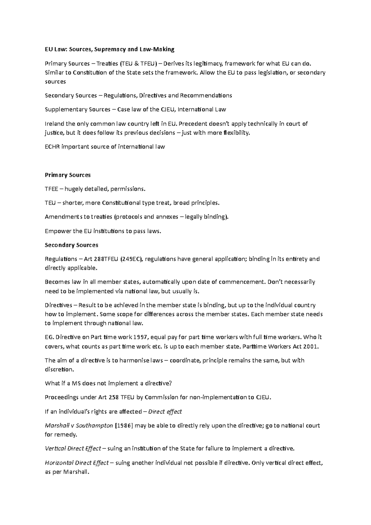 EU Supremacy & Sources Lecture Notes - EU Law: Sources, Supremacy and ...