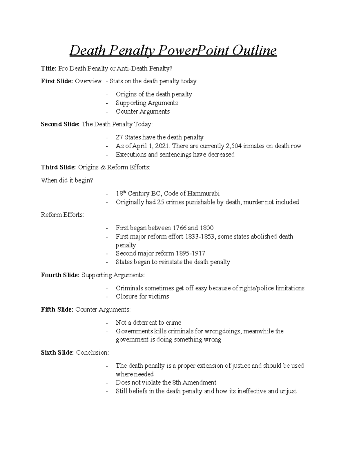 death penalty persuasive speech outline