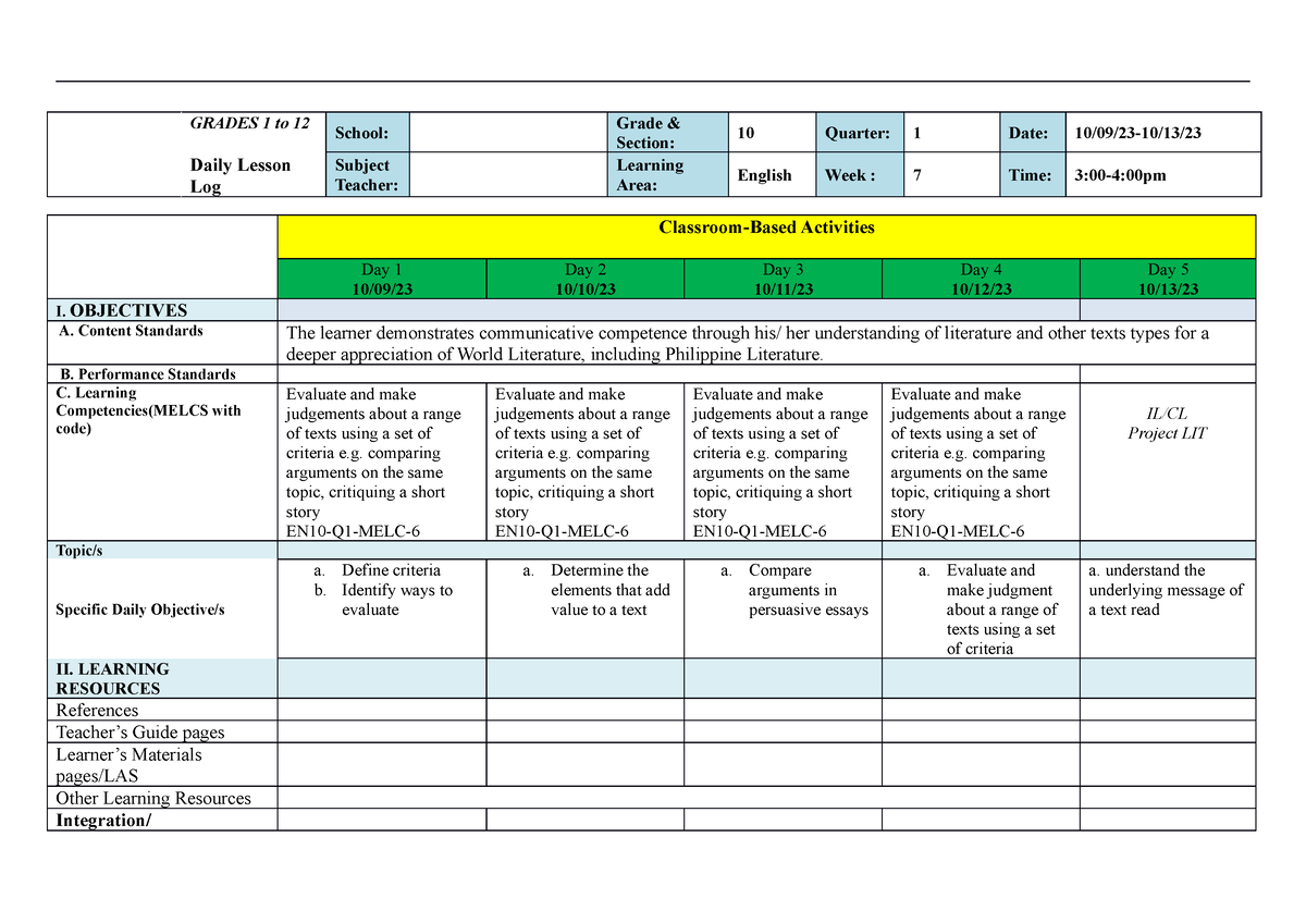 Week-7 - ENGLISH DLL - GRADES 1 To 12 Daily Lesson Log School: Grade ...