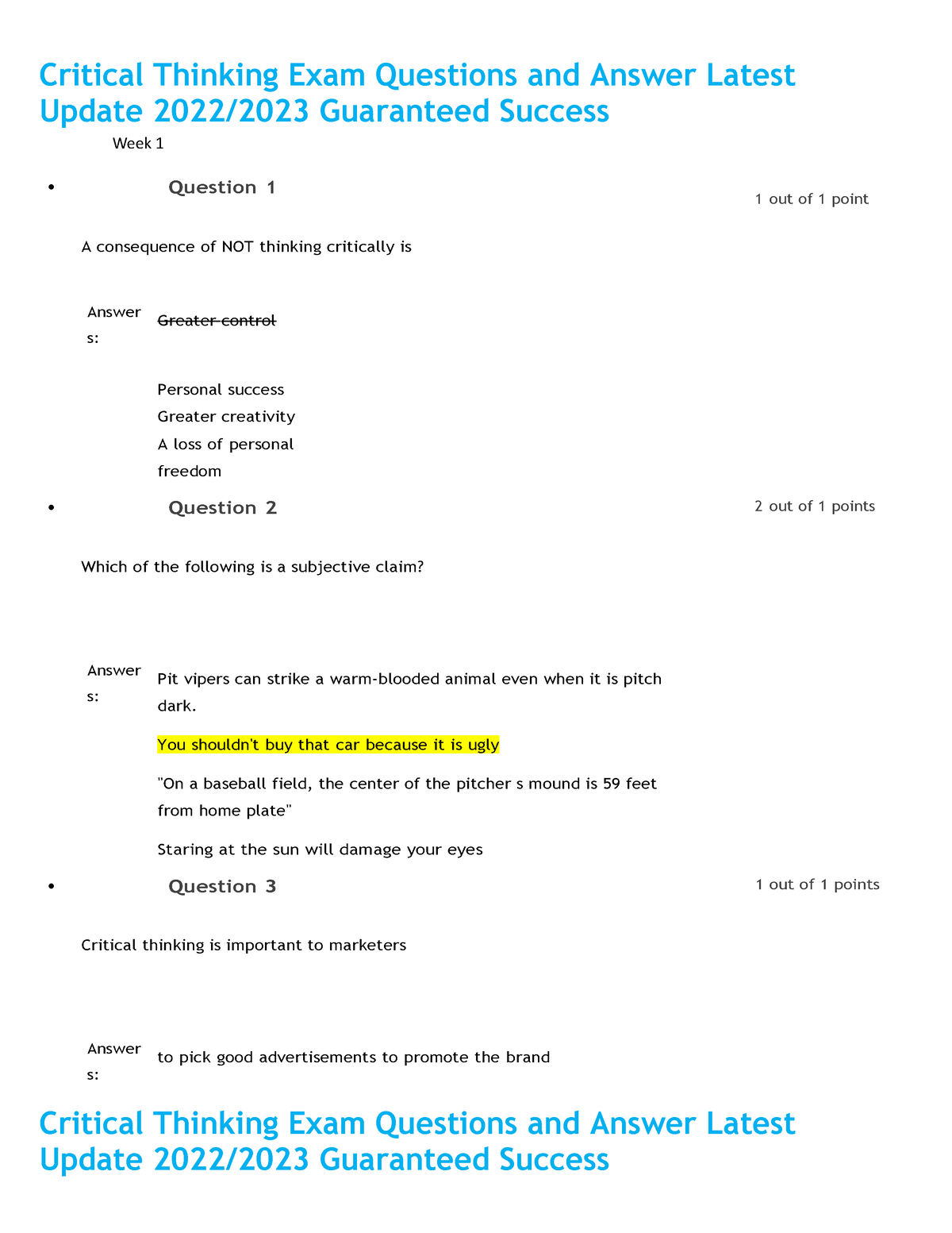 critical thinking exam questions