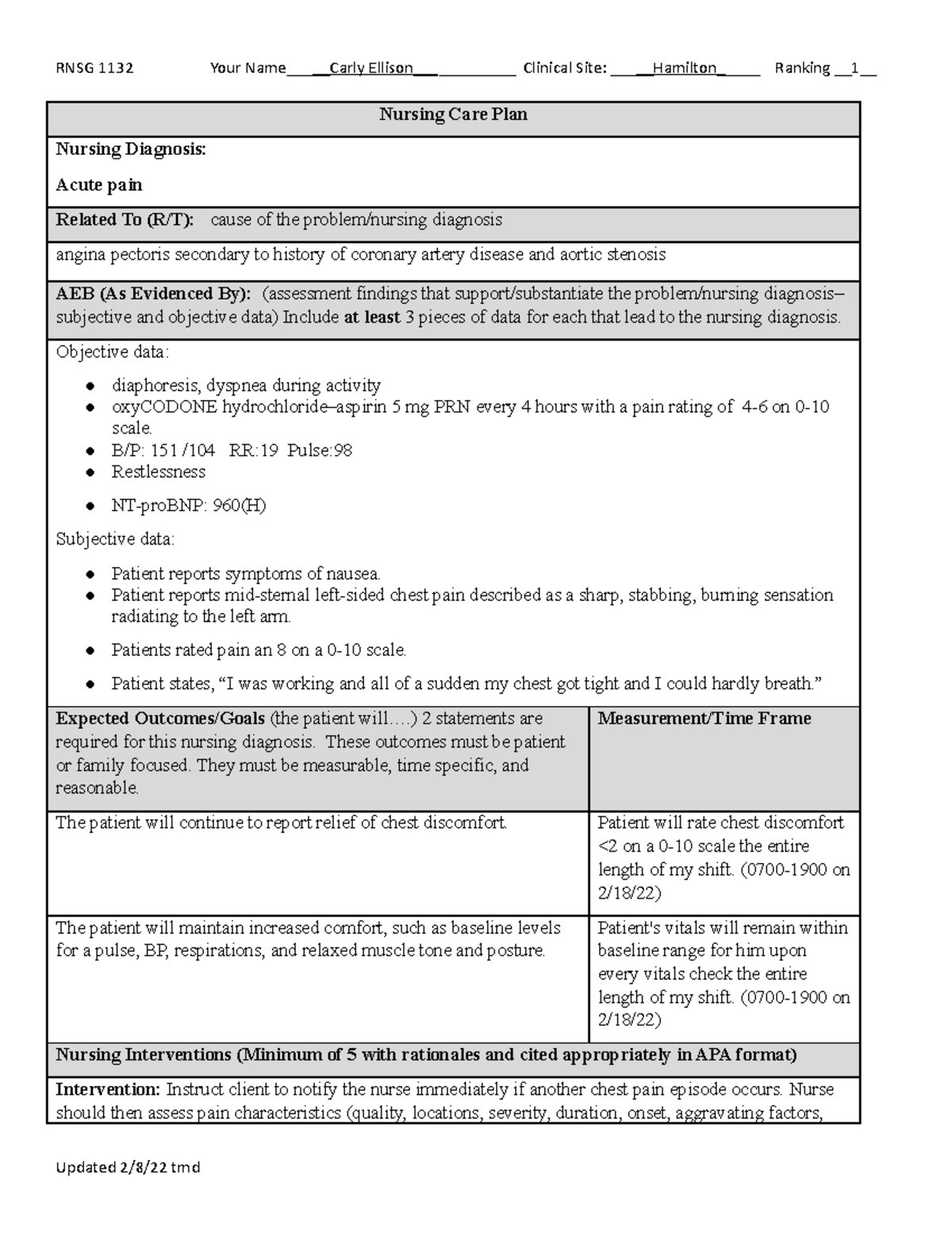 Acute Pain- Final 1 - Careplan - RNSG 1132 Your Name_____Carly E llison ...