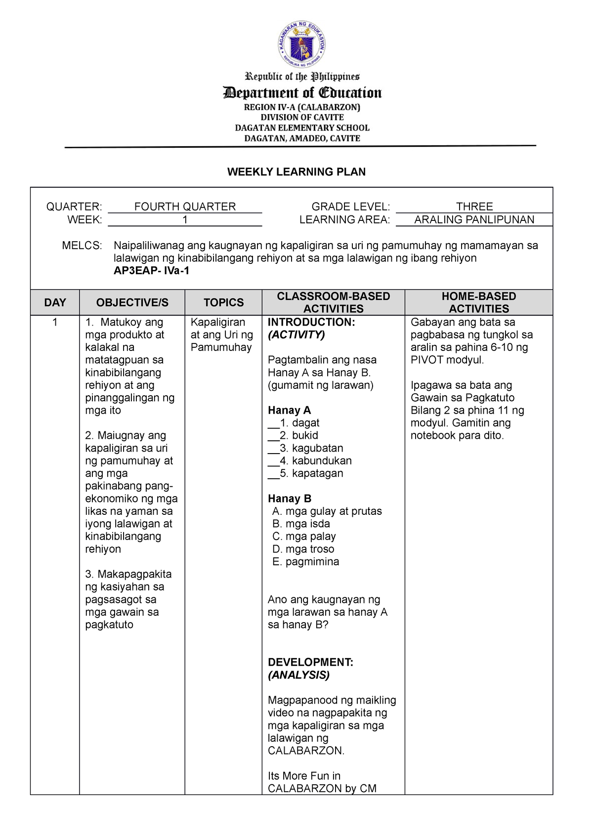 WLP Q4 W1 Araling Panlipunan - WEEKLY LEARNING PLAN QUARTER: FOURTH ...