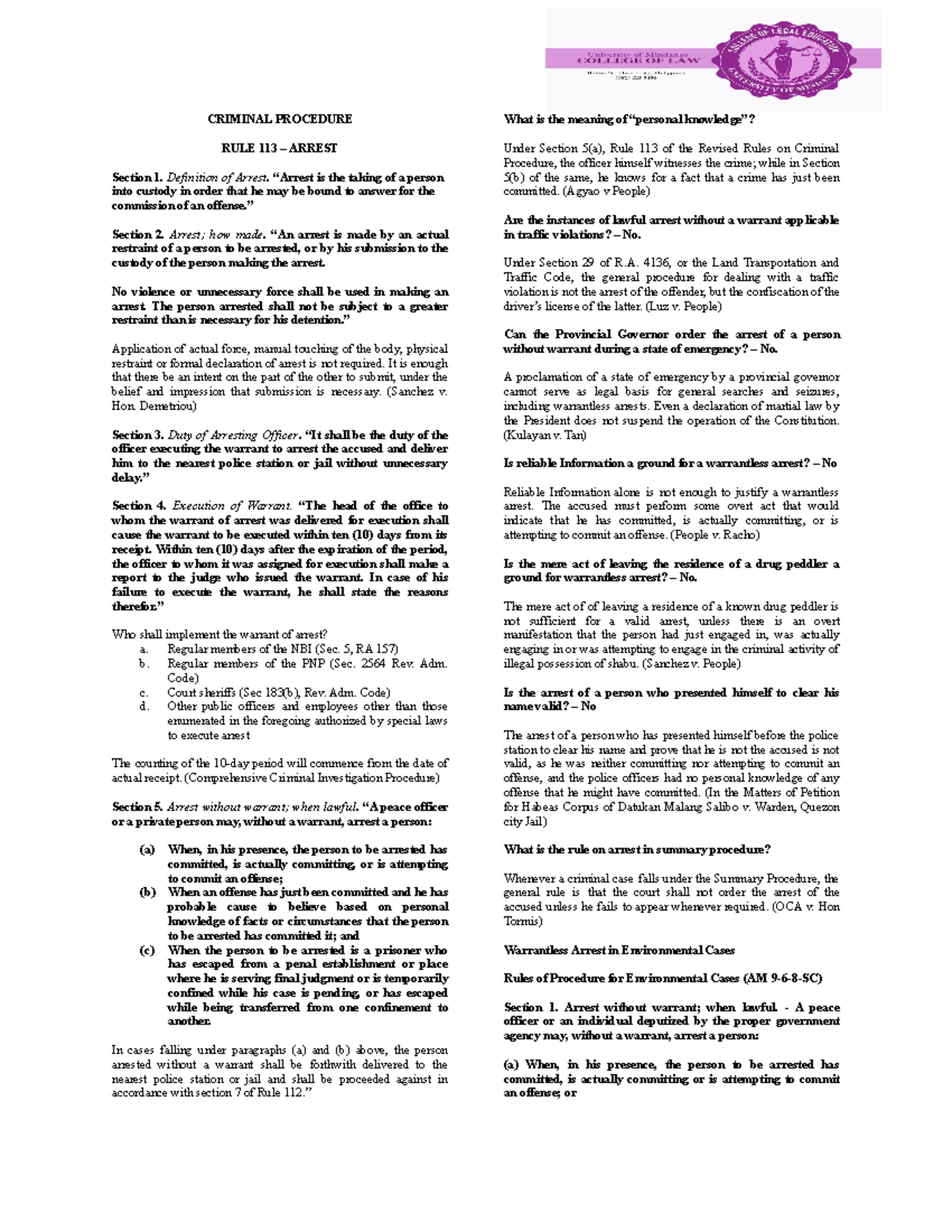 Notes Rule 113 CRIMINAL PROCEDURE RULE 113 ARREST Section 1 Notes Rule 113 CRIMINAL PROCEDURE RULE 113 ARREST Section 1