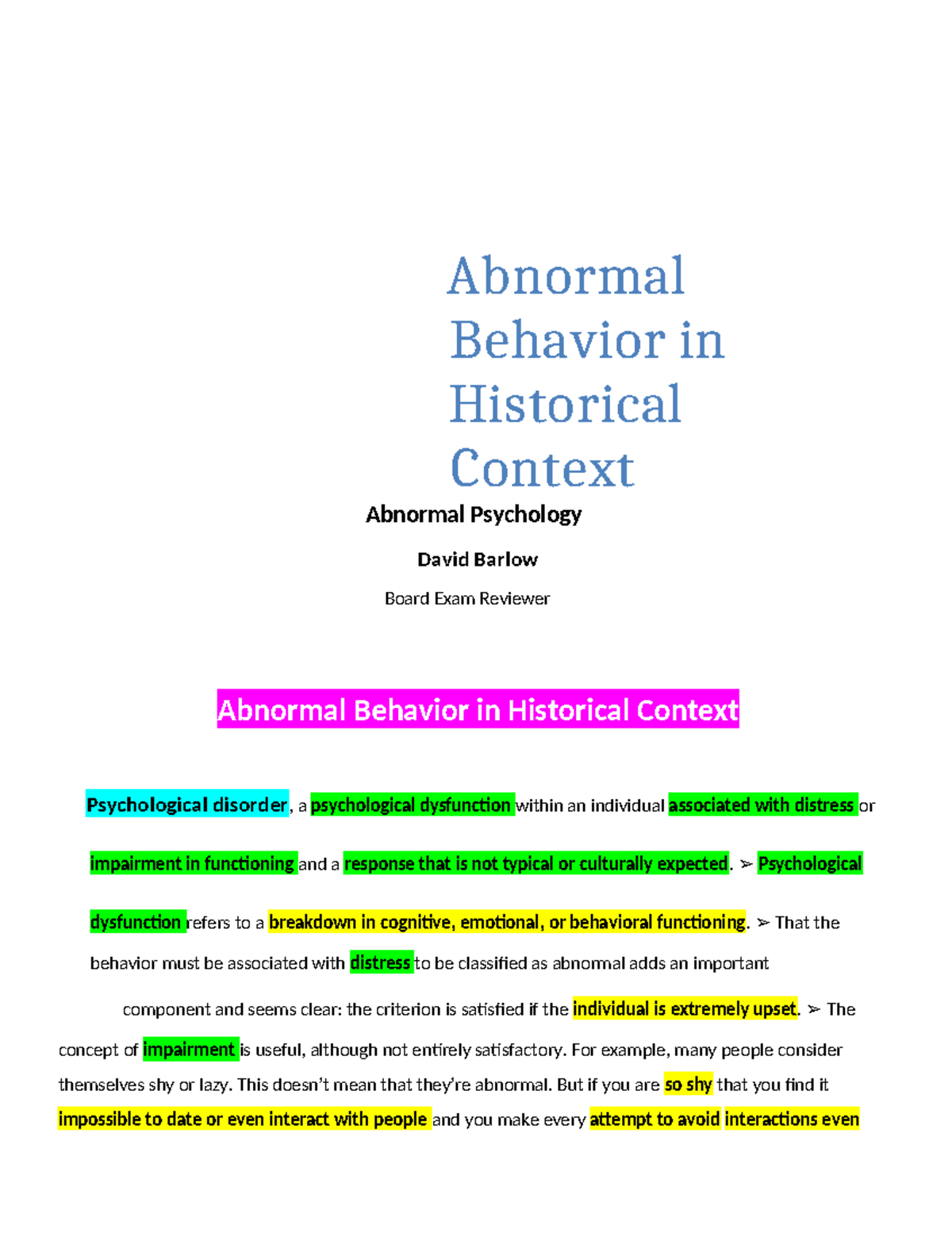 Abnormal Psychology Reviewer (Barlow) - Abnormal Psychology David ...