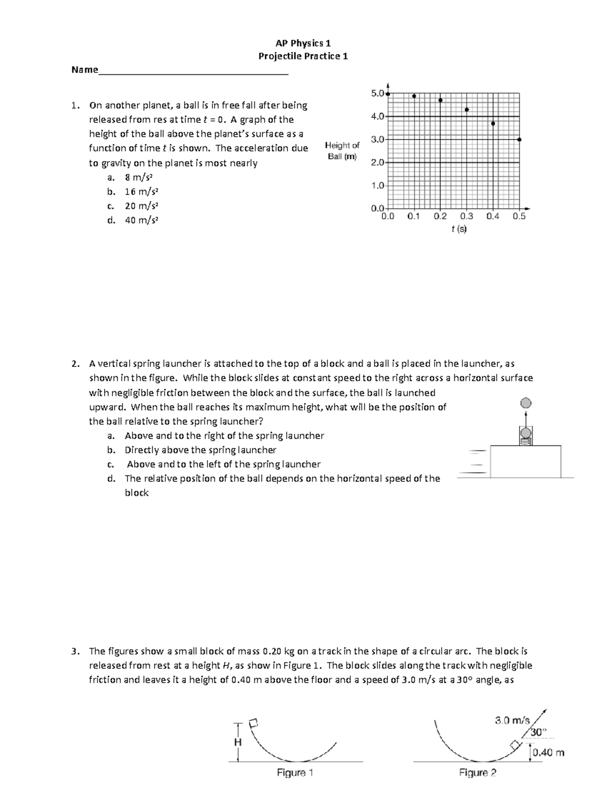 Projectile motion practice 1 AP Physics 1 Projectile Practice 1 Studocu