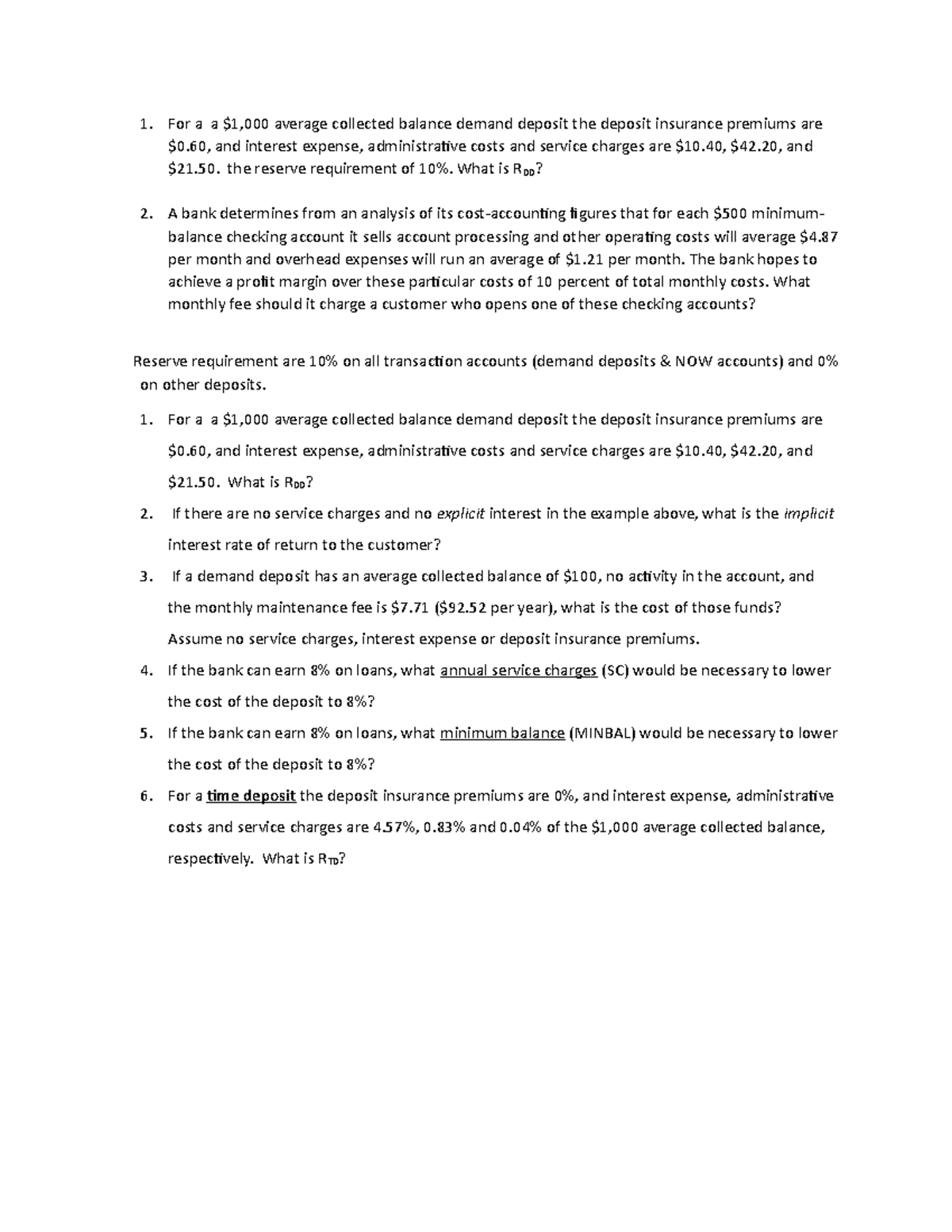 782 8396 156325 Assignment For a a 1,000 average collected balance