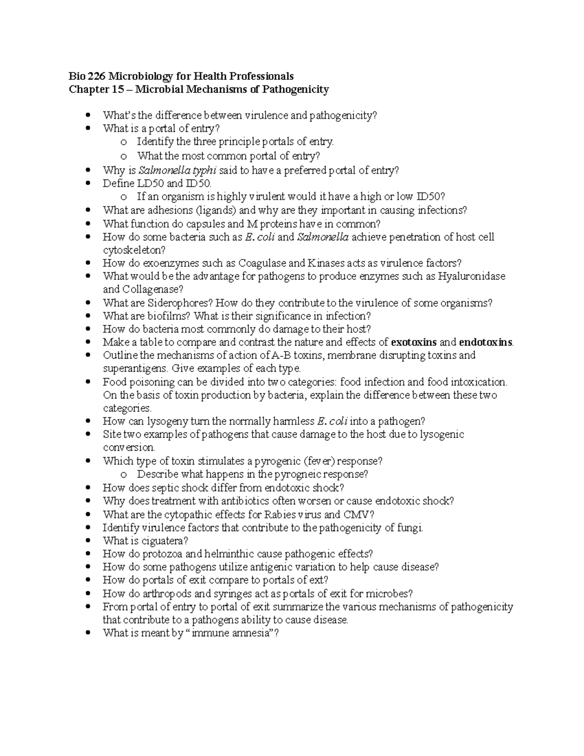 Bio 226 HW Ch 15 Pathogenicity Spr2021 - Bio 226 Microbiology for ...