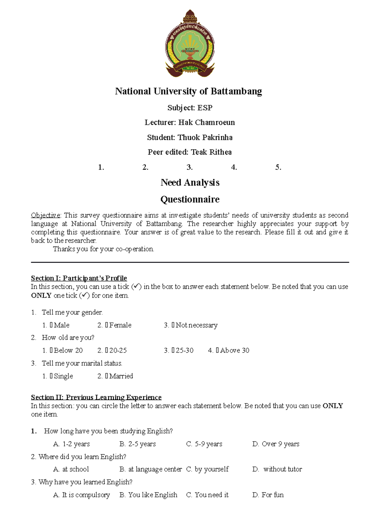 Need Analysis Questionnaire-Thuok Pakrinha, ESP course - National ...