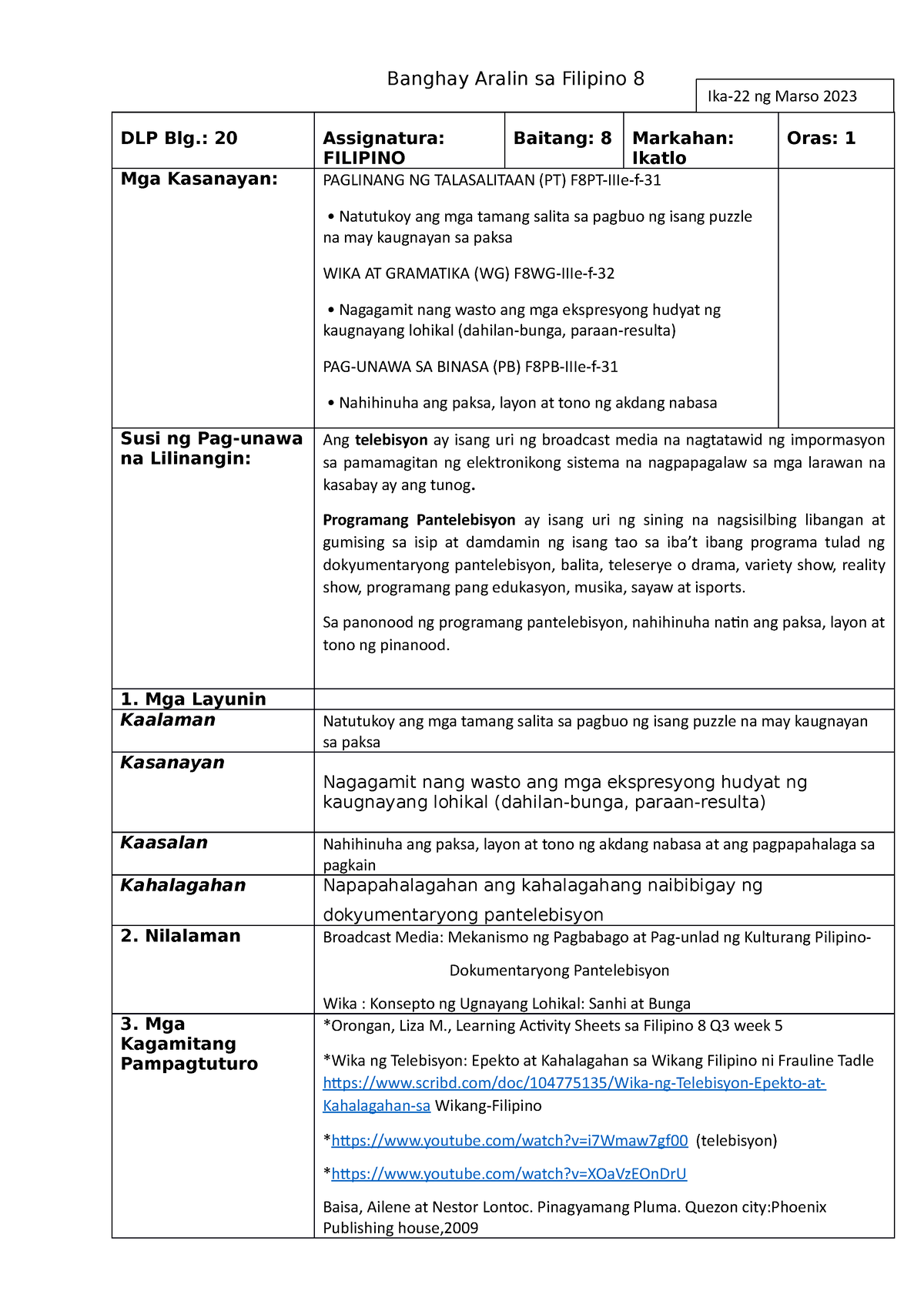 COT DLP Fil8 - Lesson Plan - DLP Blg.: 20 Assignatura: FILIPINO Baitang ...