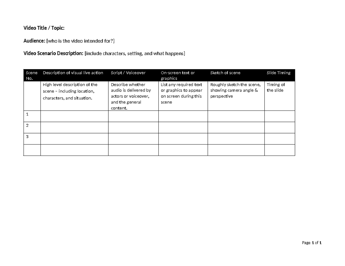 Video storyboard template(1) - Video Title / Topic: Audience: [who is ...