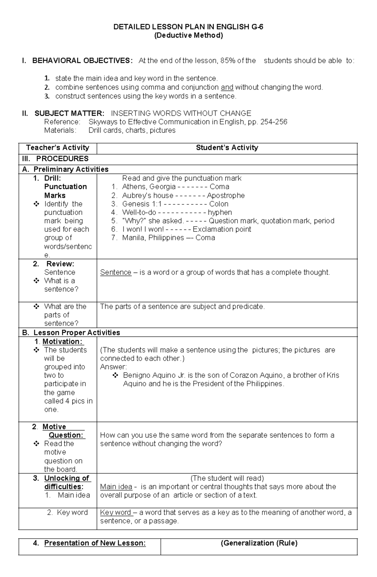 Deductive method - DETAILED LESSON PLAN IN ENGLISH G- (Deductive Method ...