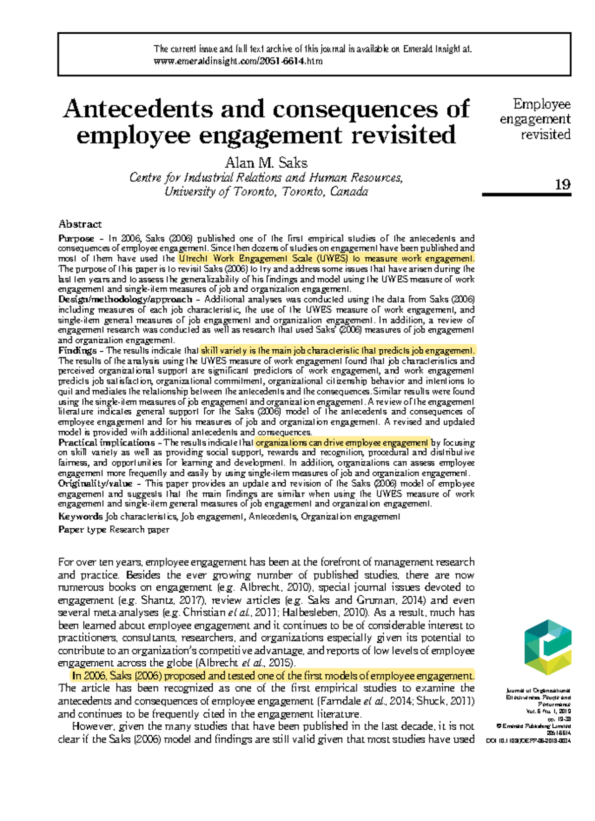 Saks 2019 Saks 2019 , work engagement, digital lab Antecedents and