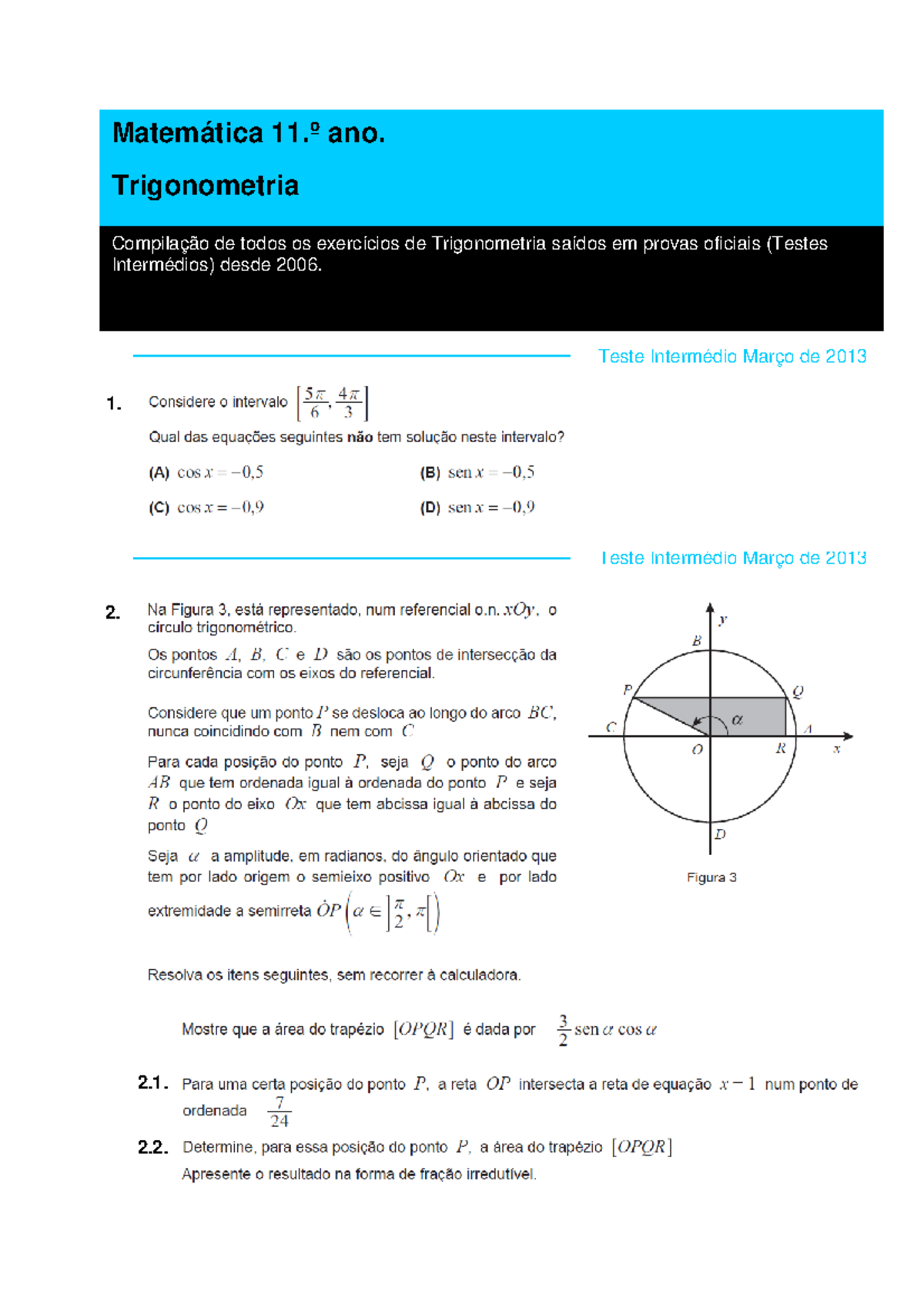 Trigonometria Compilacao De Exercícios De Exame Teste Intermédio Março De 2013 1 Matemática 2357