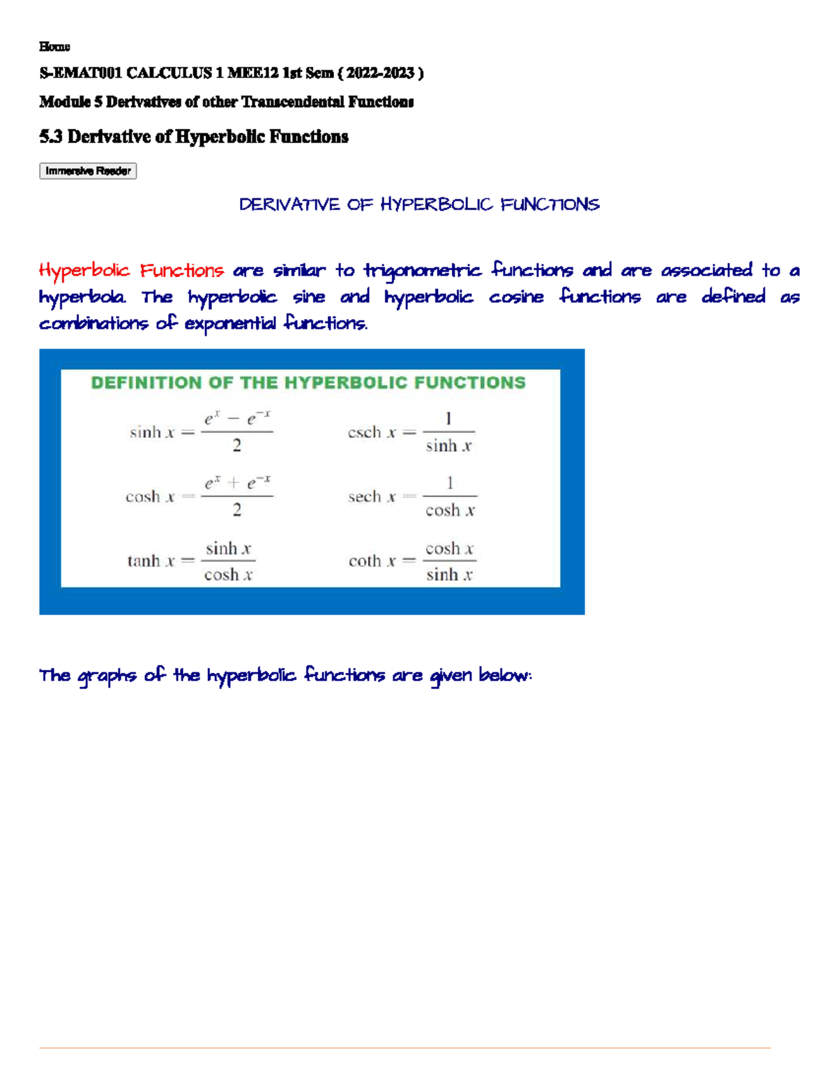5.3 Derivative of Hyperbolic Functions - Calculus 1 - Studocu