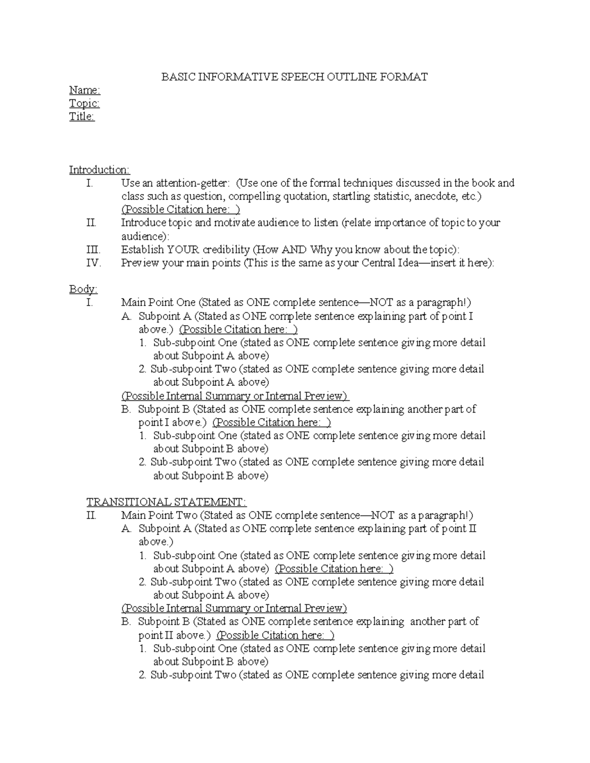 Basic Informative Speech Outline Format & Works Cited - BASIC ...