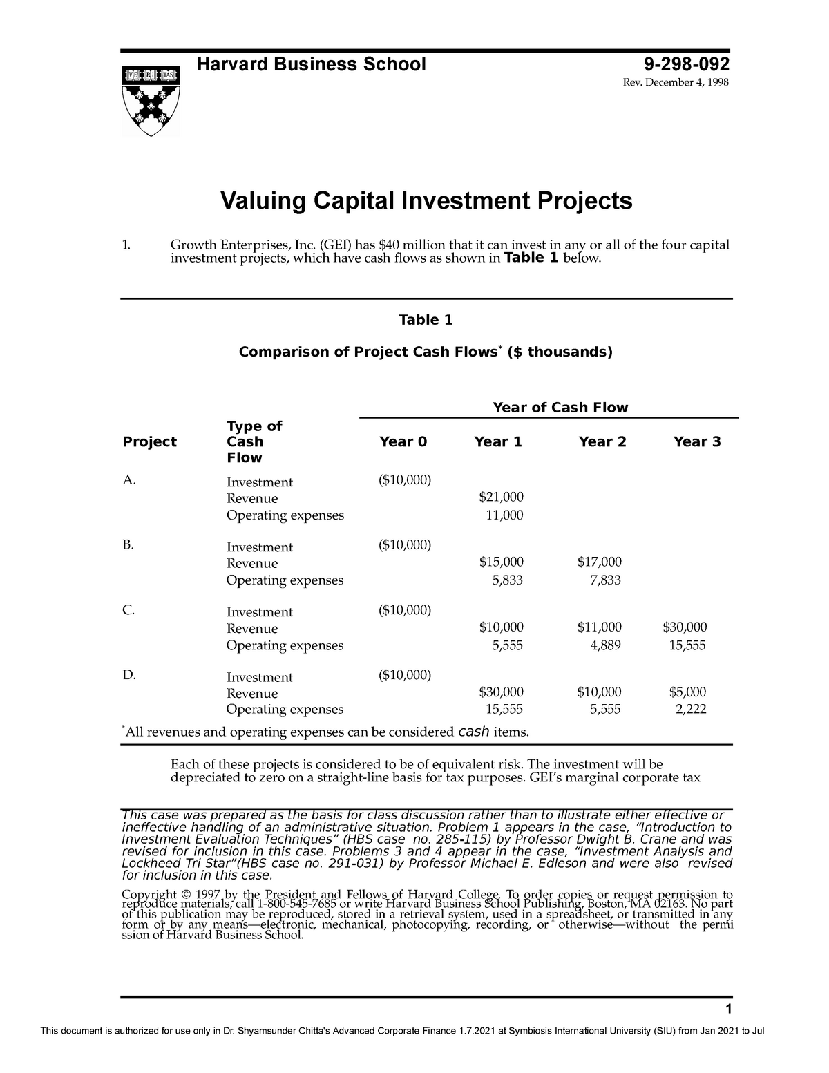 valuing capital investment projects case analysis