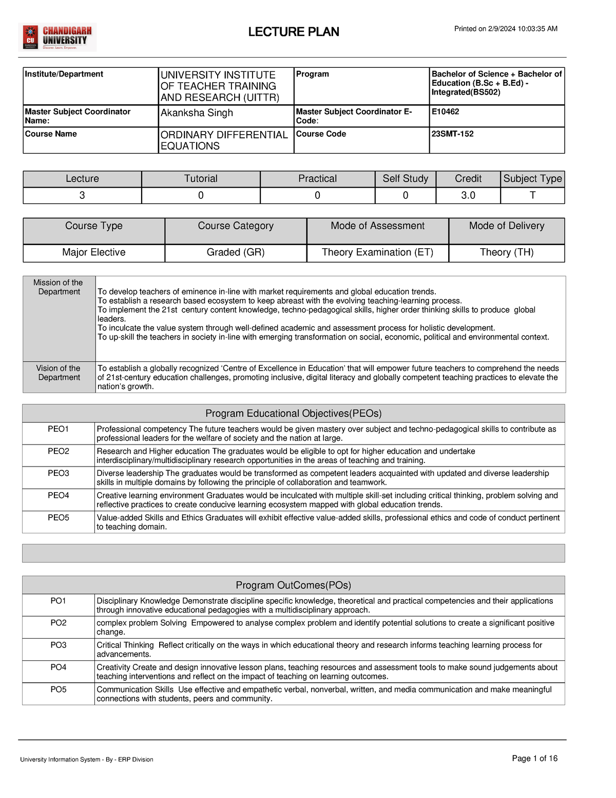 Lecture Plan BS502 23SMT-152 - Program Educational Objectives(PEOs ...