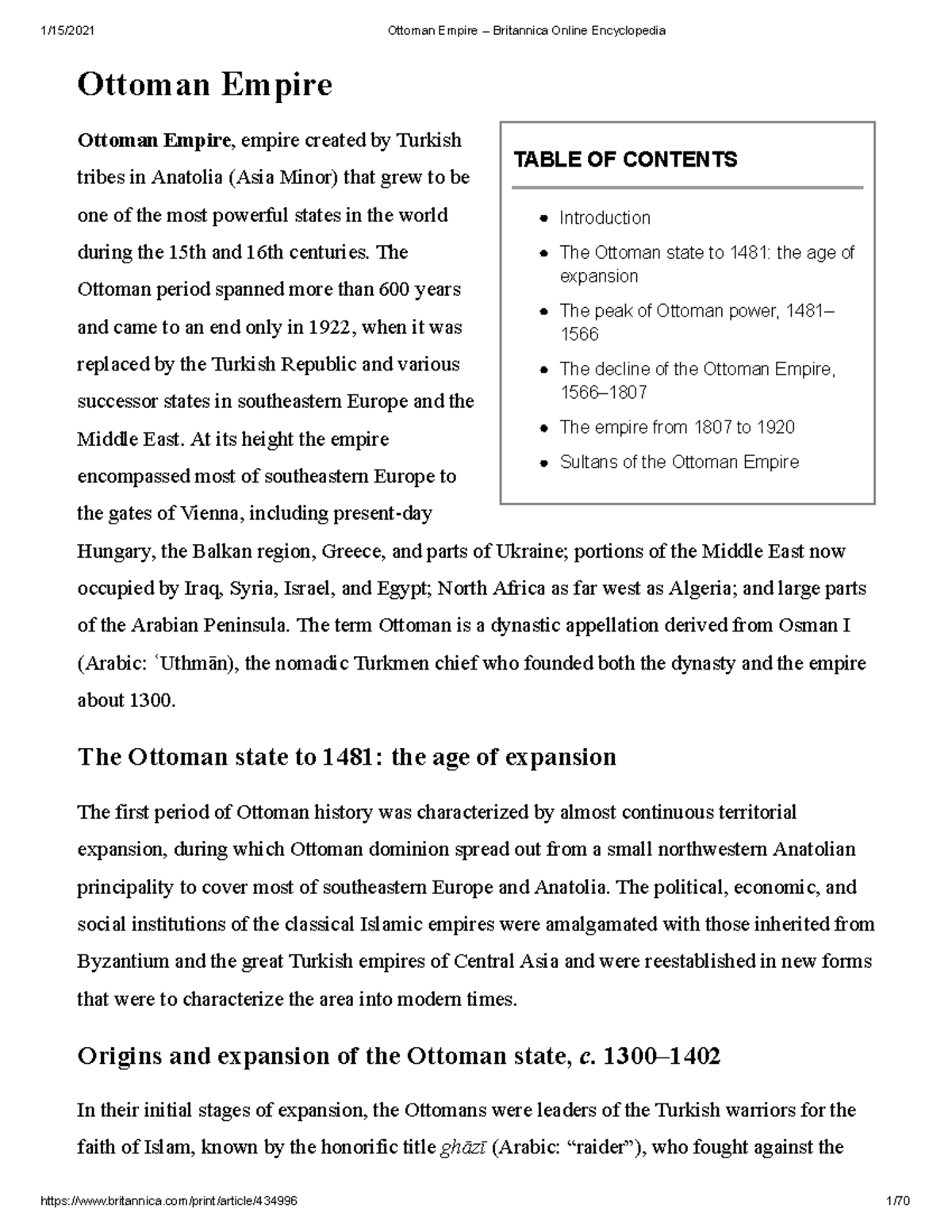 Ottoman Empire Britannica Online Encyclopedia TABLE OF CONTENTS