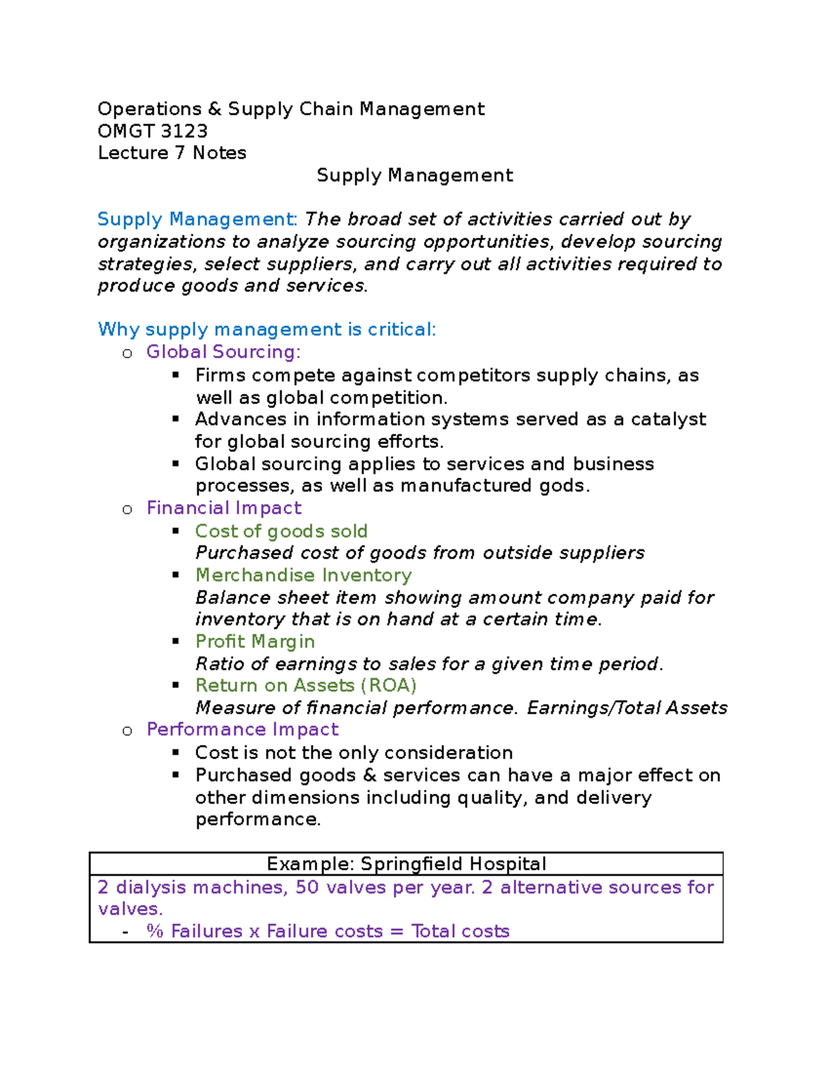 OMGT Lecture 7 notes Operations & Supply Chain Management OMGT 3123
