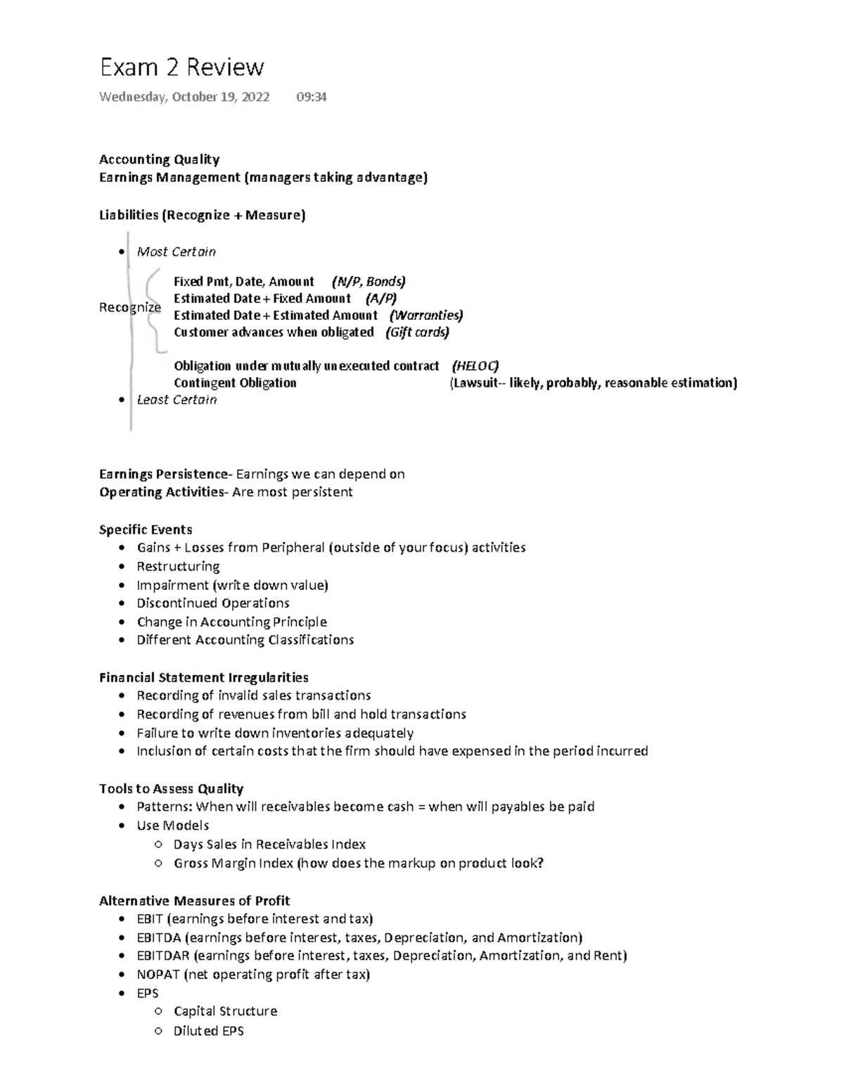 Exam 2 Review - Accounting Quality Earnings Management (managers taking ...