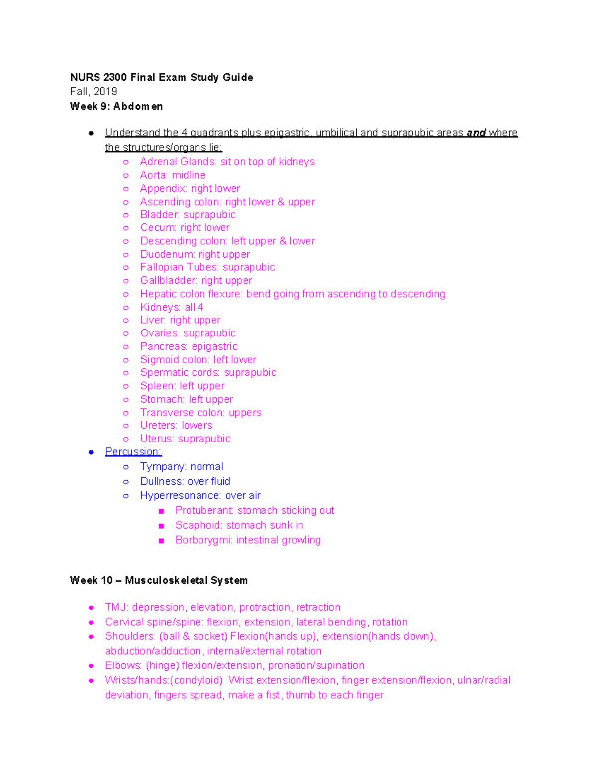 Health Assessment Final - NURS 2300 Final Exam Study Guide Fall, 2019 ...