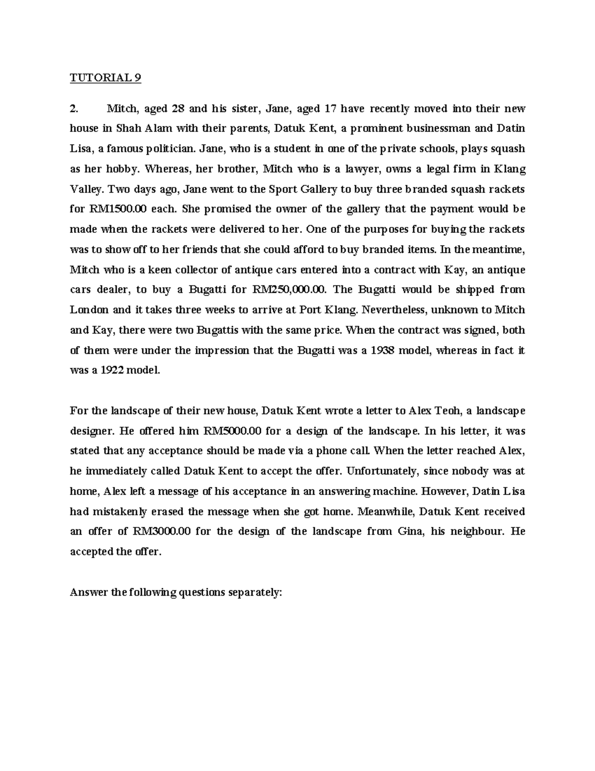 Law436 Breach Of Contract Tutorial Tutorial 9 2 Mitch Aged 28 And His Sister Jane Aged Law436 Breach Of Contract Tutorial Tutorial 9 2 Mitch Aged 28 And His Sister Jane Aged