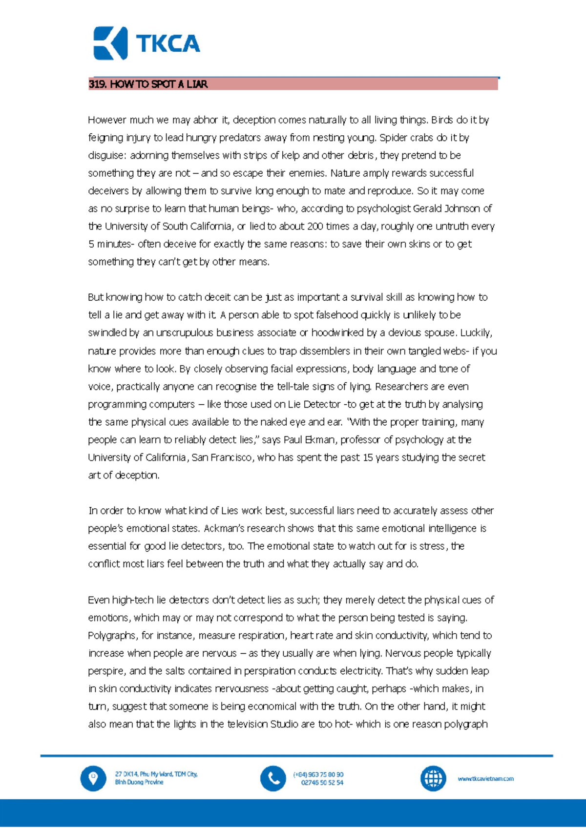 319 - ielt reading TKCA - 319. HOW TO SPOT A LIAR However much we may