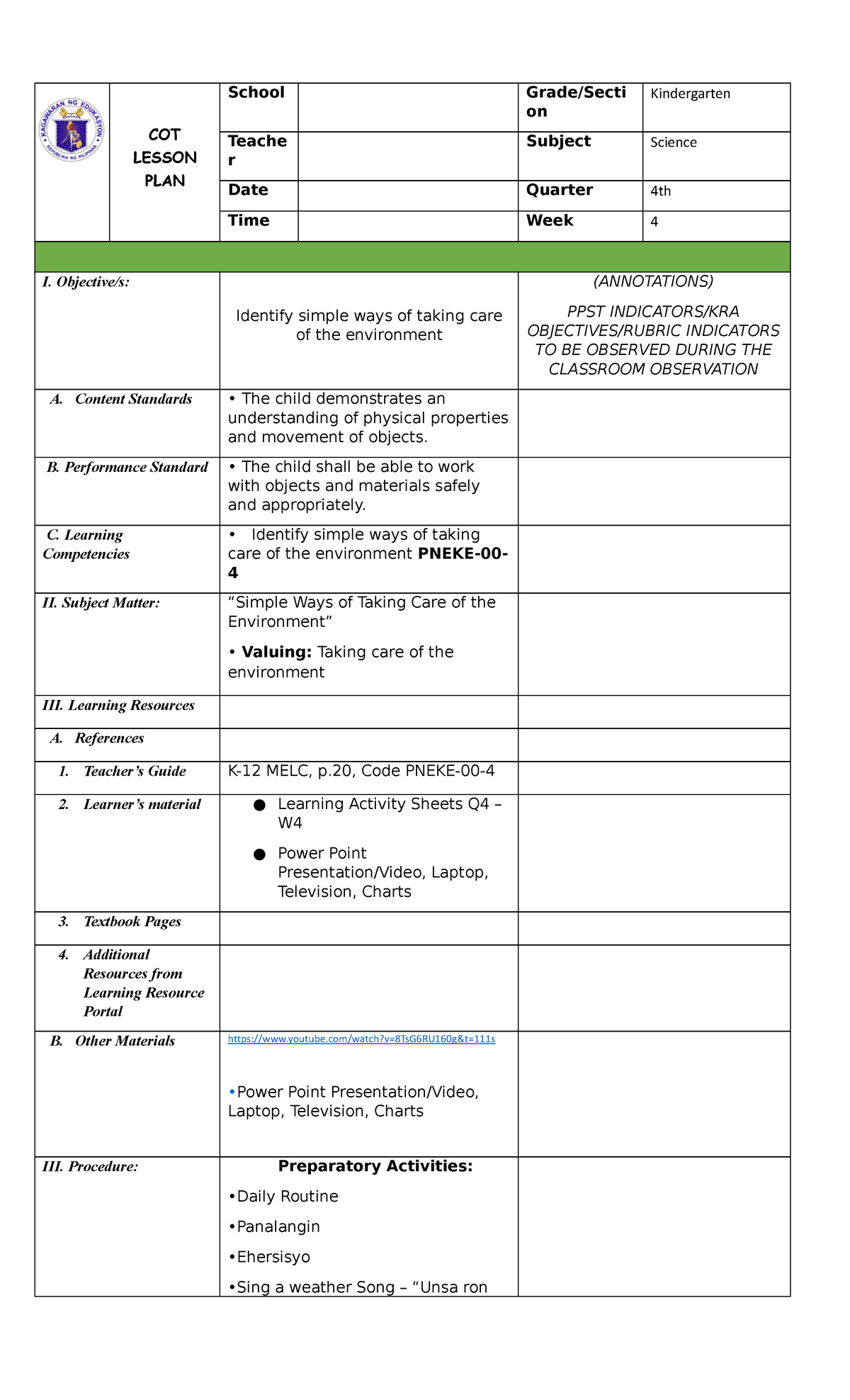 COT Lesson Plan - COT LESSON PLAN School Grade/Secti On Kindergarten ...