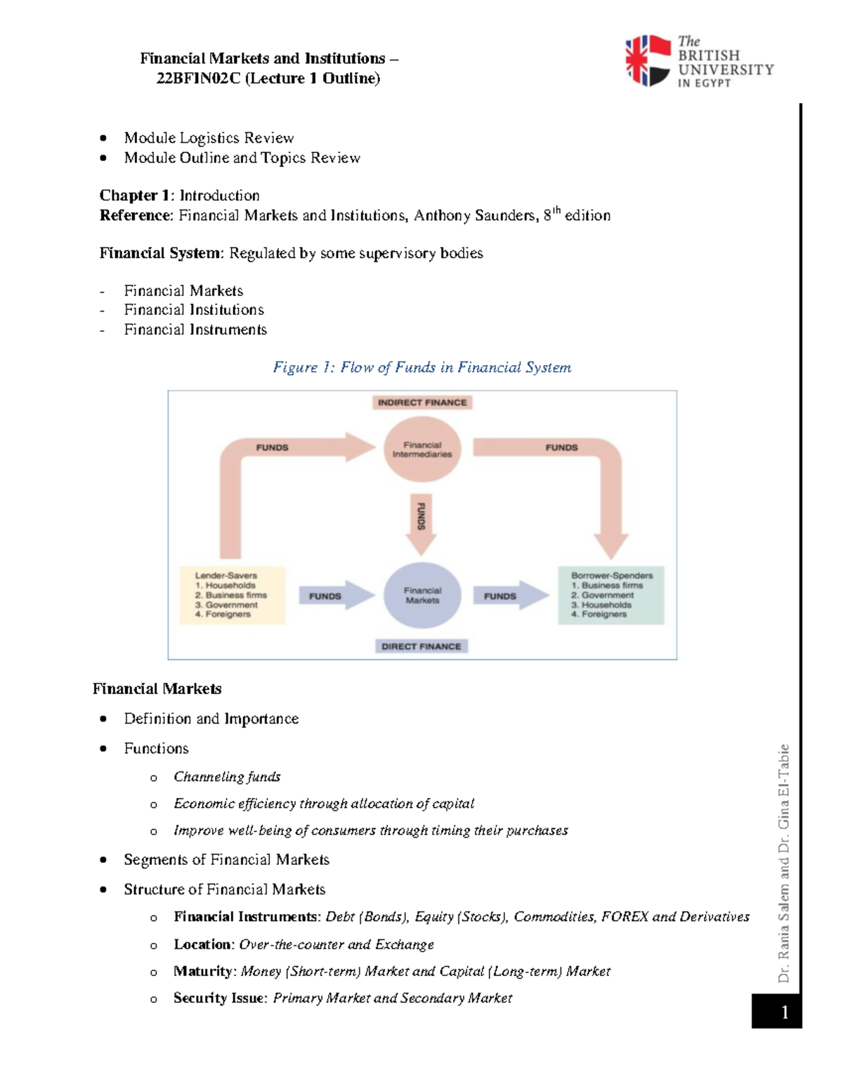 Lecture 1 FMI Outline - Finance - Dr. Rania Salem and Dr. Gina El-Tabie ...