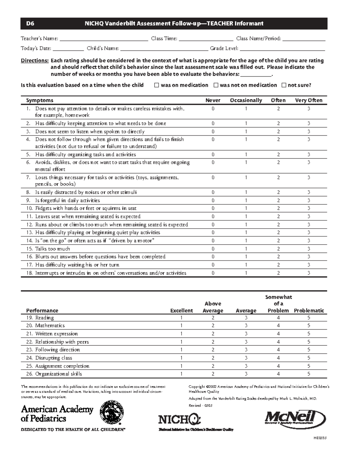 Follow Up Teacher Vanderbilt Assessment Form - PS 478 - Studocu