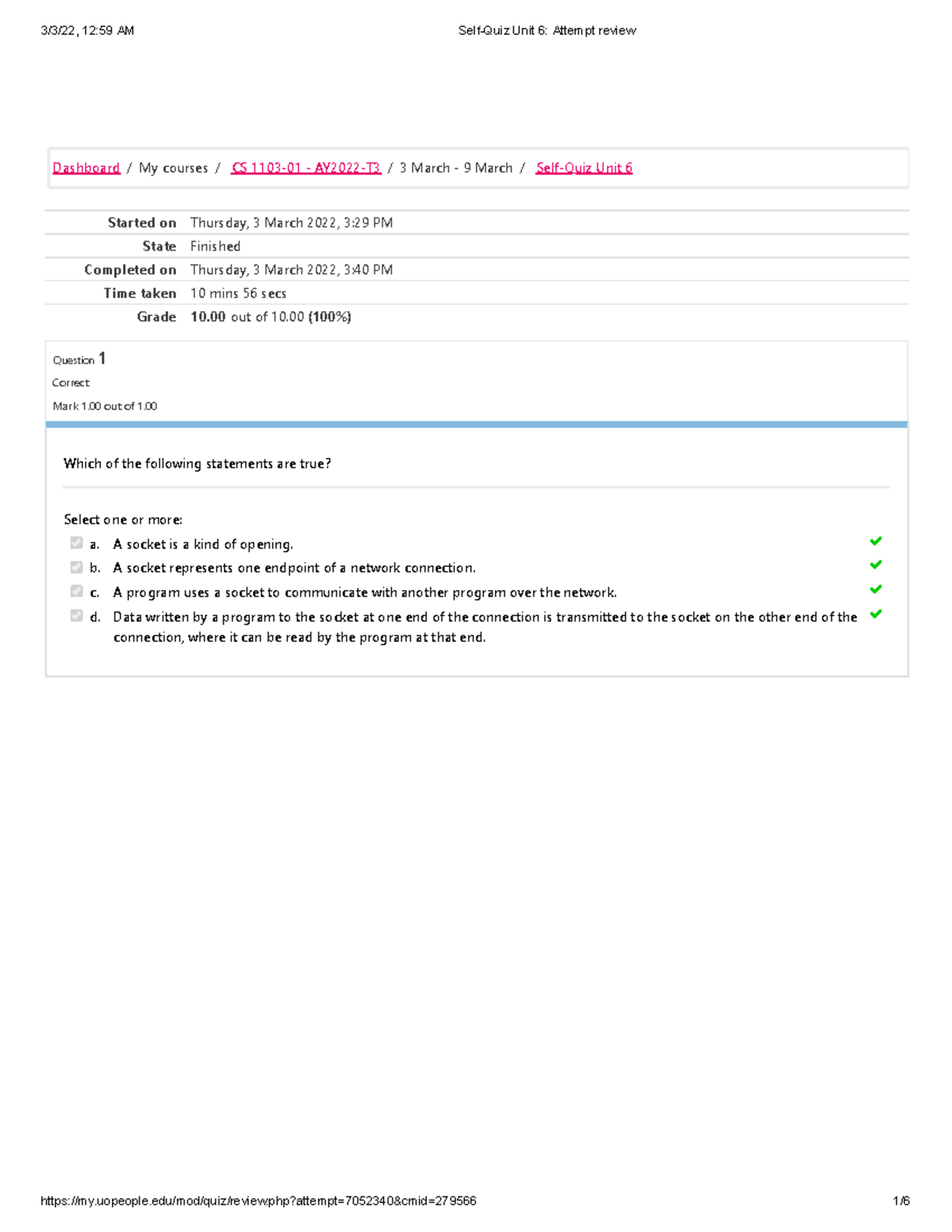 CS1103 Programming 2 Self-Quiz Unit 6 Attempt Review - Started On ...