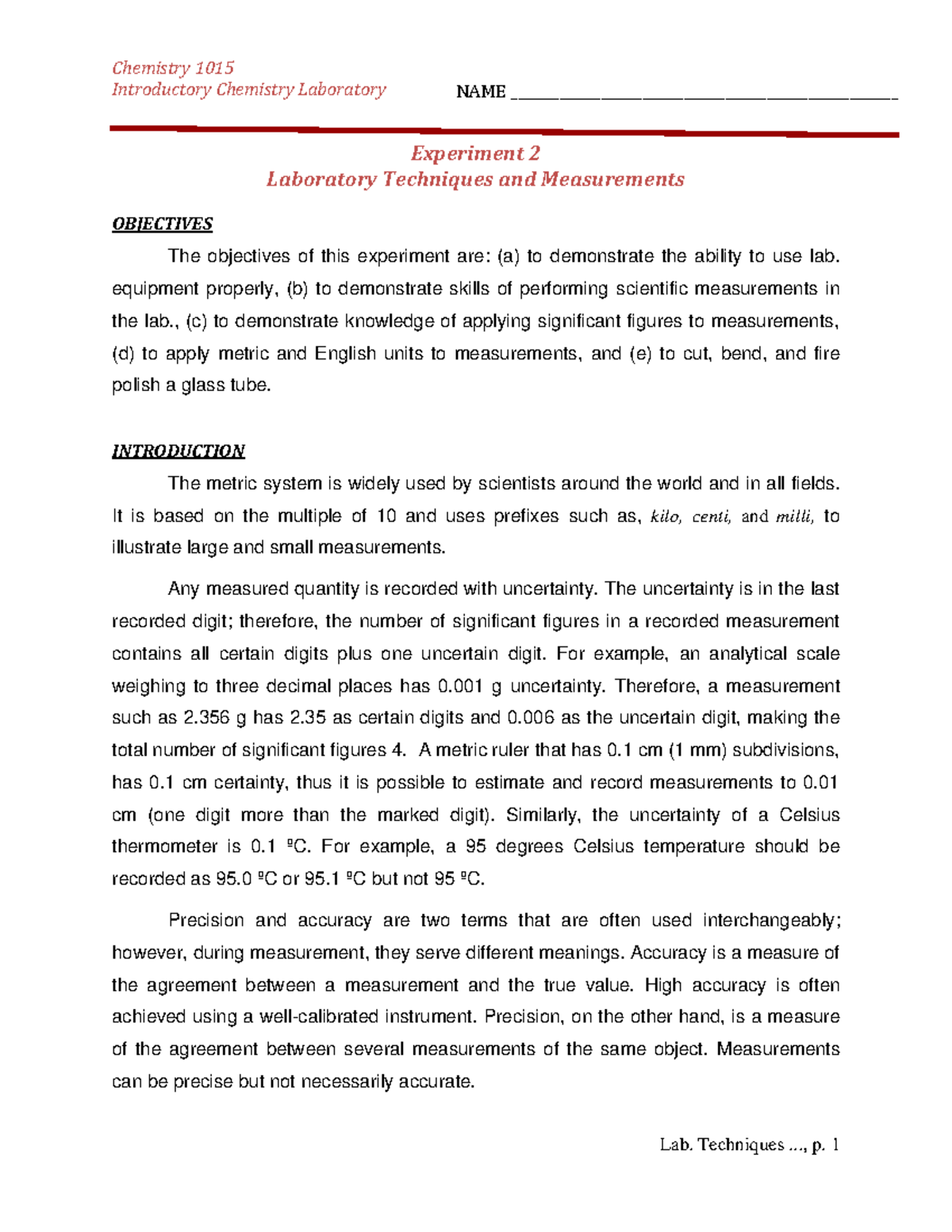 Exp 2Lab Techniques Chemistry Lab Experiment 2 Chemistry 1015 Introductory Chemistry Studocu