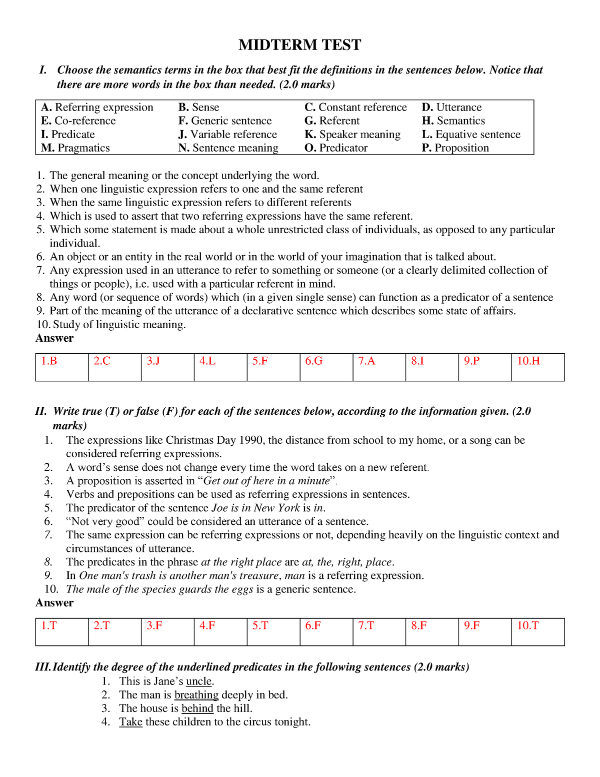 Semantics-mid-2 key - đề thi giữa kì - MIDTERM TEST I. Choose the ...