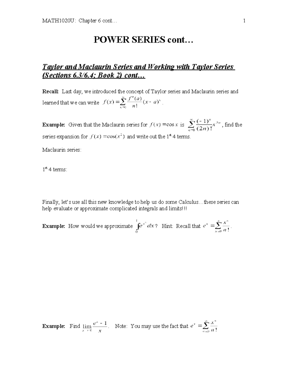 Mod11a taylorerror - Taylor Error Lecture Notes - POWER SERIES cont ...