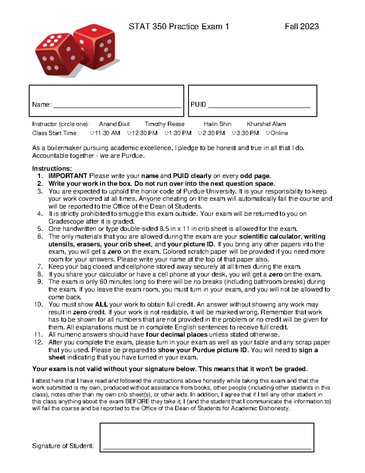 Practice Midterm - STAT 350 Practice Exam 1 Fall 2023 Name