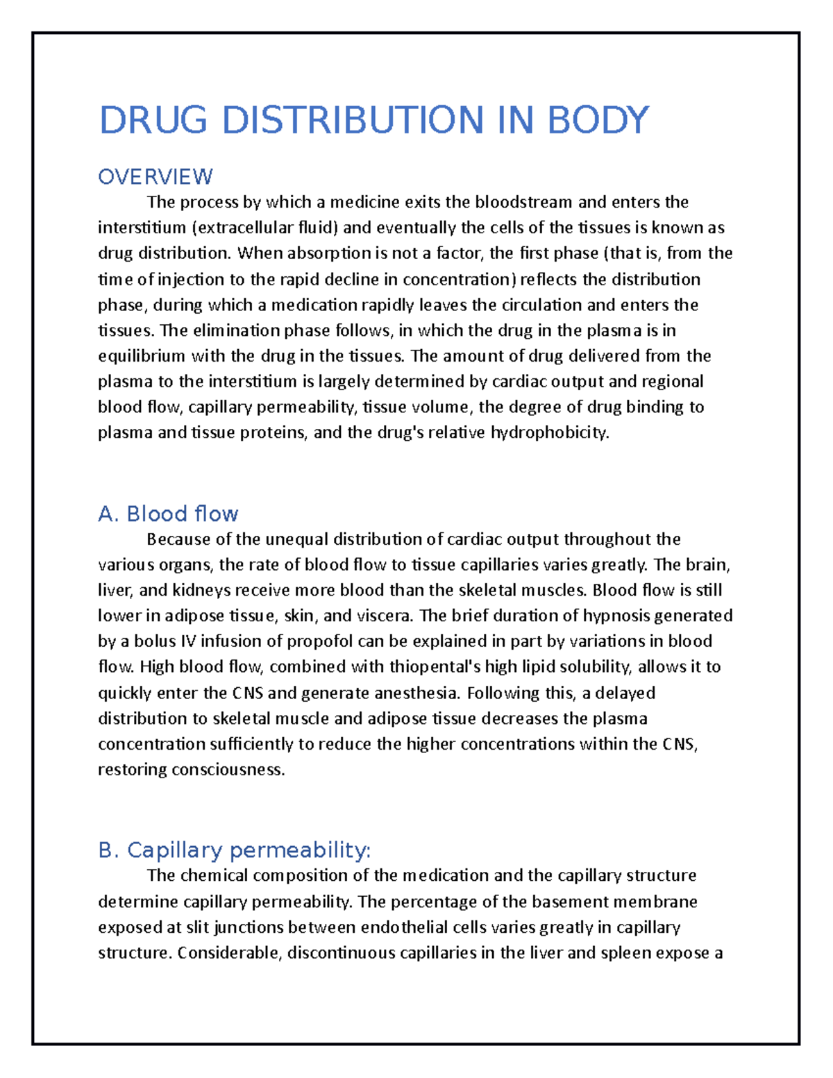 Detail NOTE ON THE DRUG Distribution IN BODY DRUG DISTRIBUTION IN
