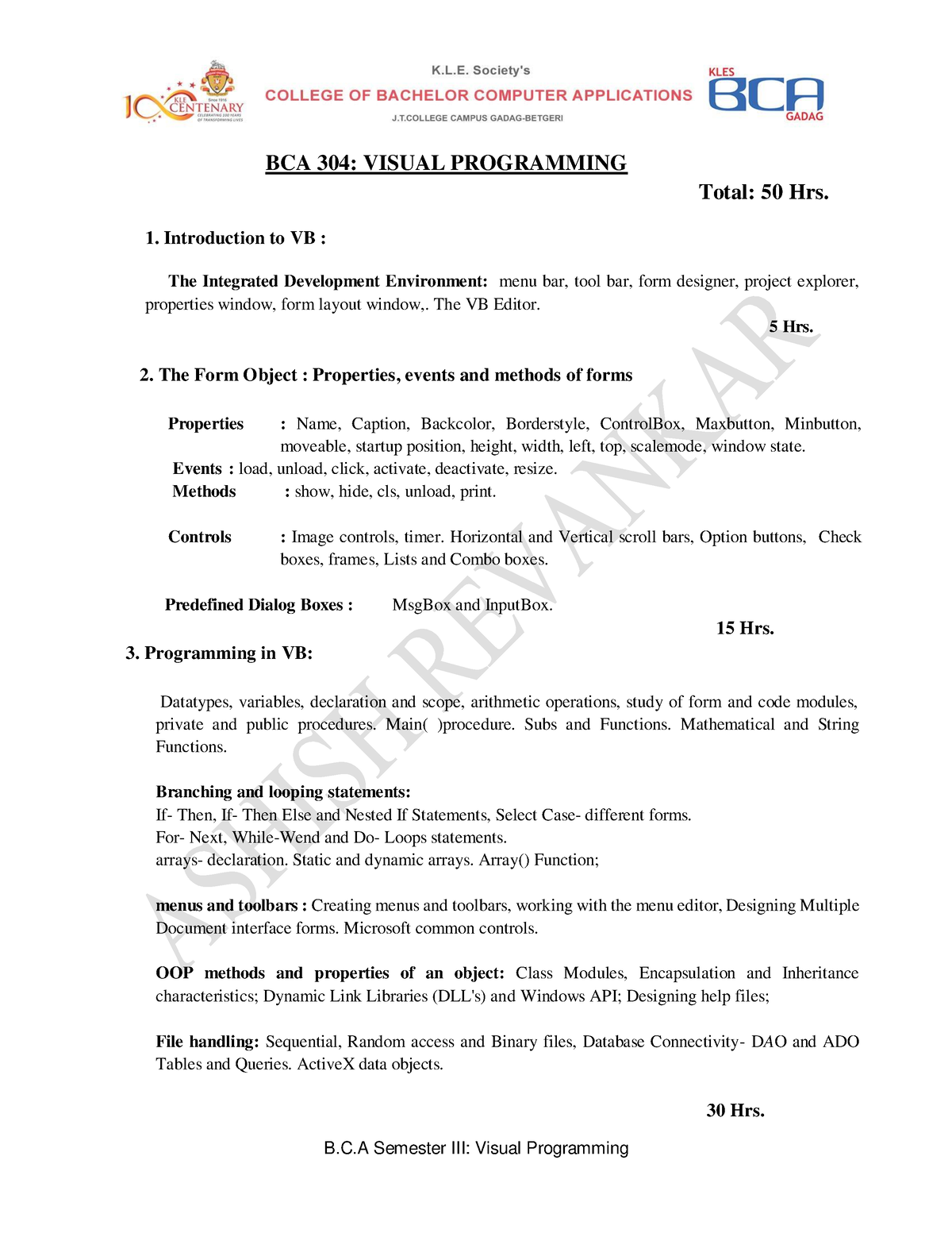 Visual Programming Syllabus - B.C Semester III: Visual Programming BCA ...