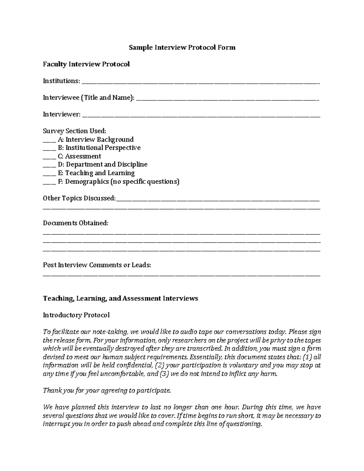 Sample Interview Protocol Form - Sample Interview Protocol Form Faculty ...