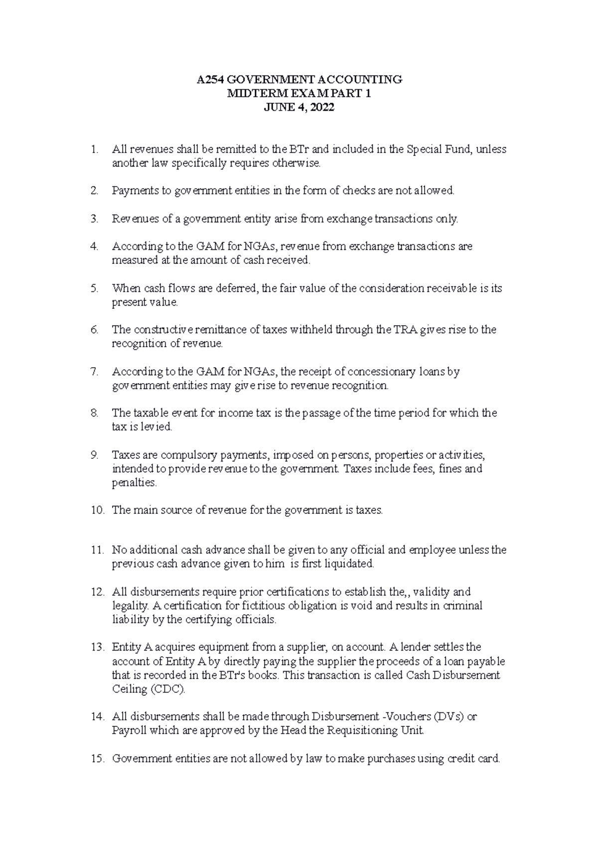 Government Accounting A254 GOVERNMENT ACCOUNTING MIDTERM EXAM PART 1